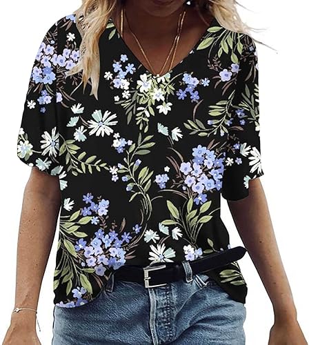 Camisetas de verano para mujer con cuello en V y estampado de manga corta, estilo túnica de ajuste clásico