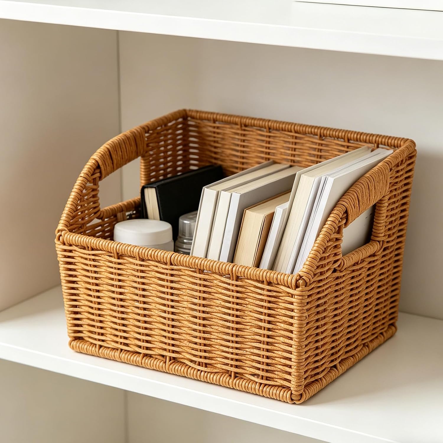 Beige Plastic Rattan Storage Box with Slant Opening for Magazines