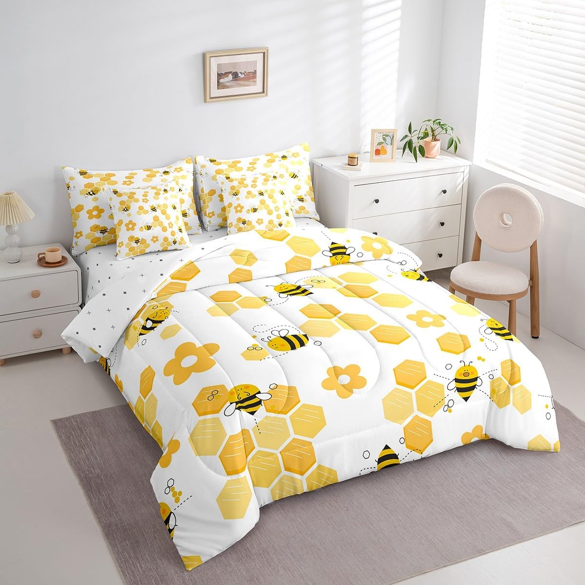 Feelyou Honeycomb Comforter Set with Sheets Cute Bees 7 Piece Bedding Set Full Size for Kids Boys Girls Nature Spring Garden Bee Bed in a Bag
