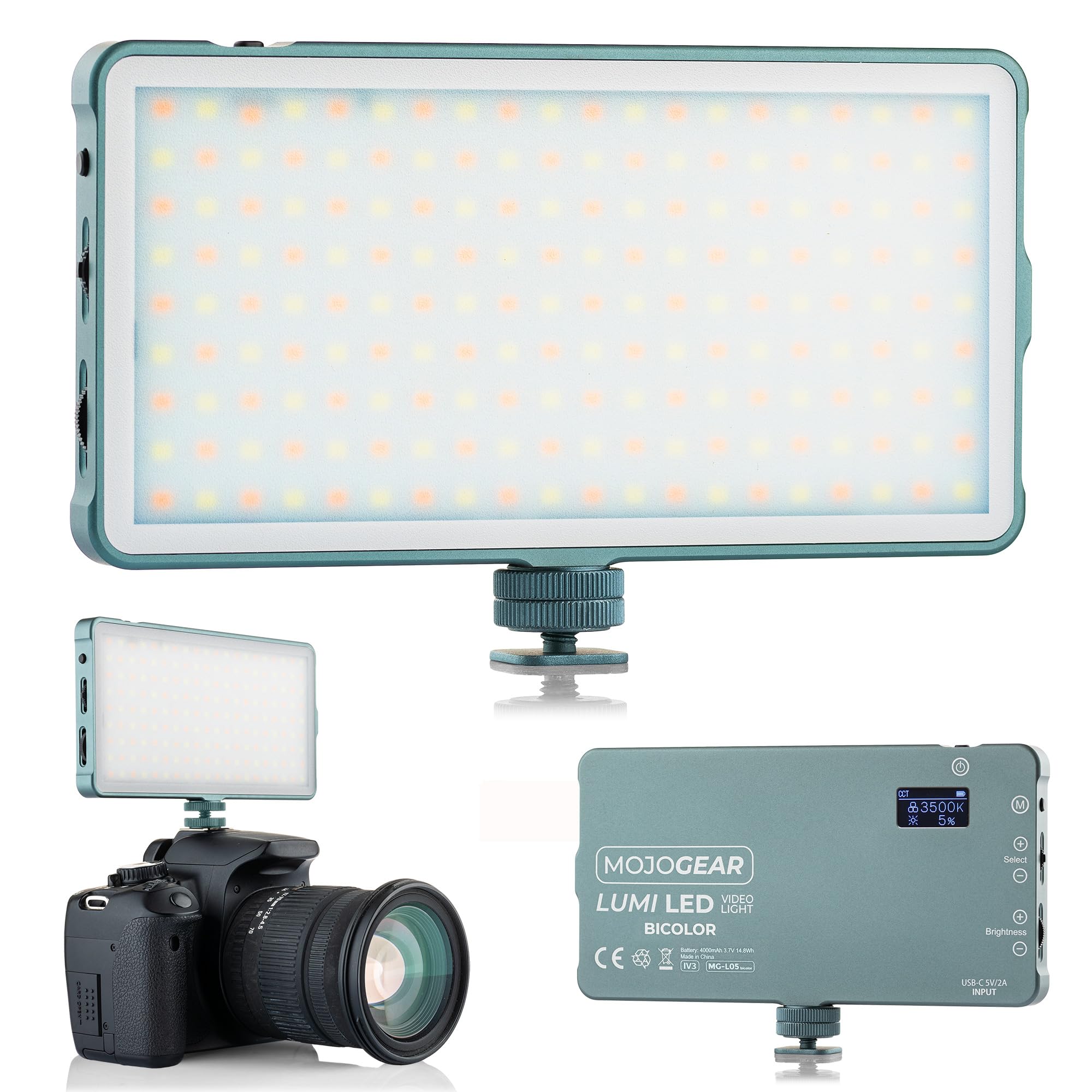 Lampada LED MOJOGEAR Lumi bicolore media - 12 Watt - Metallo robusto - Batteria da 4.000 mAh - Luce bianca/gialla - Lampada potente per fotocamera/studio/video - Grigio