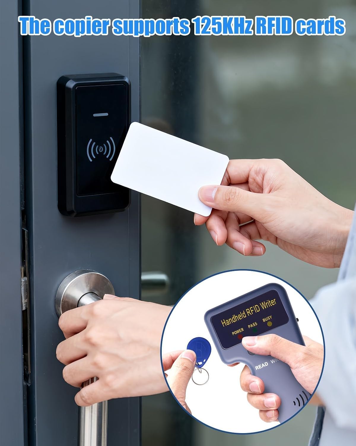 Handheld RFID Copier 125KHz Card Reader Writer for ID HID and AWID, Smart ID Card Duplicator with 3pcs T5577 Keychains and 3pcs T5577 Cards