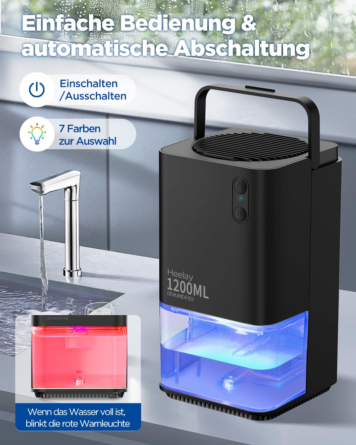 Absorbeur Humidité Led Déshumidificateur D'Air Homtronics 1700ml - Anti- Moisissure | Silencieux, LED 7 Couleurs | Pour Chambre Et Salle De Bain Lutte Moisissure