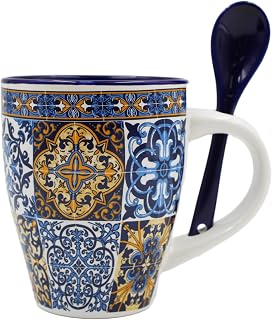 Traditional Portuguese Blue & Orange Tile Azulejo Ceramic Mug with Spoon, 12 oz. Capacity, Coffee Tea Cup with Integrated Spoon, Portugal Gift Idea