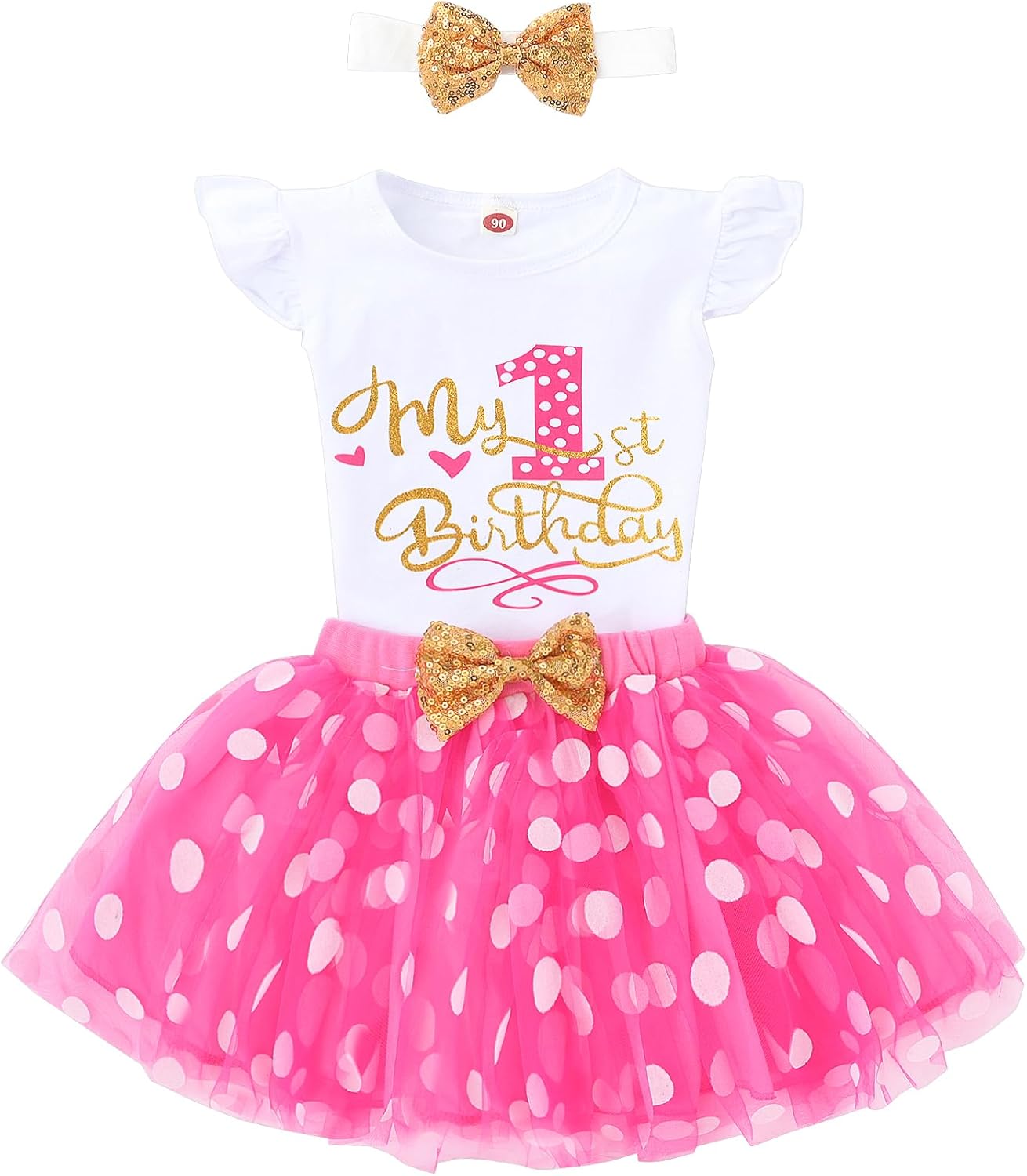 Baby girl 1st birthday outfit Birthday printed one-piece top + ballet skirt + headband 3-piece set of clothes