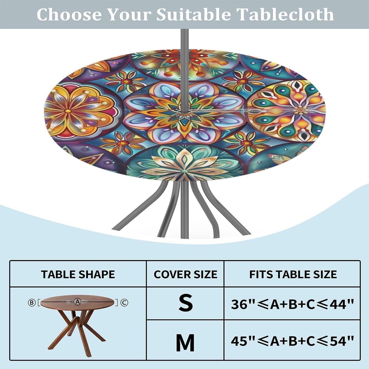OSAM SPACE Outdoor Tablecloth with Umbrella Hole, Round Elastic Fitted Table Cloth with Invisible Zipper,Dark Colorful Mandala Flower Picnic Patio Table Cover 45-56in