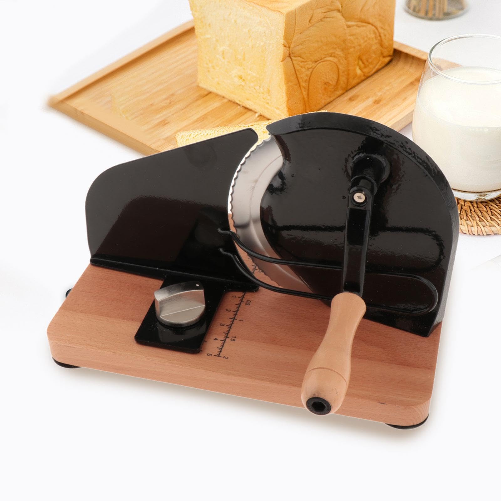 Cortador de Pan Manual Rebanadora Ajustable con Base Antideslizante Escala Incorporada Madera y Acero Inoxidable Adecuado Casero Cocina, Negro, Individual