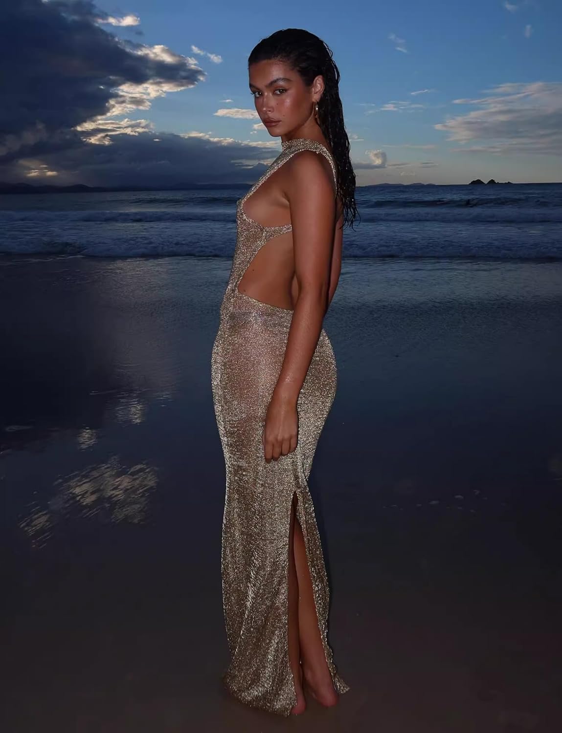 Women's Sexy Open Back Glitter Maxi Dress Sheer Mesh Beach Cover Up Dress Sleeveless Party Vacation Dresses - Image 2