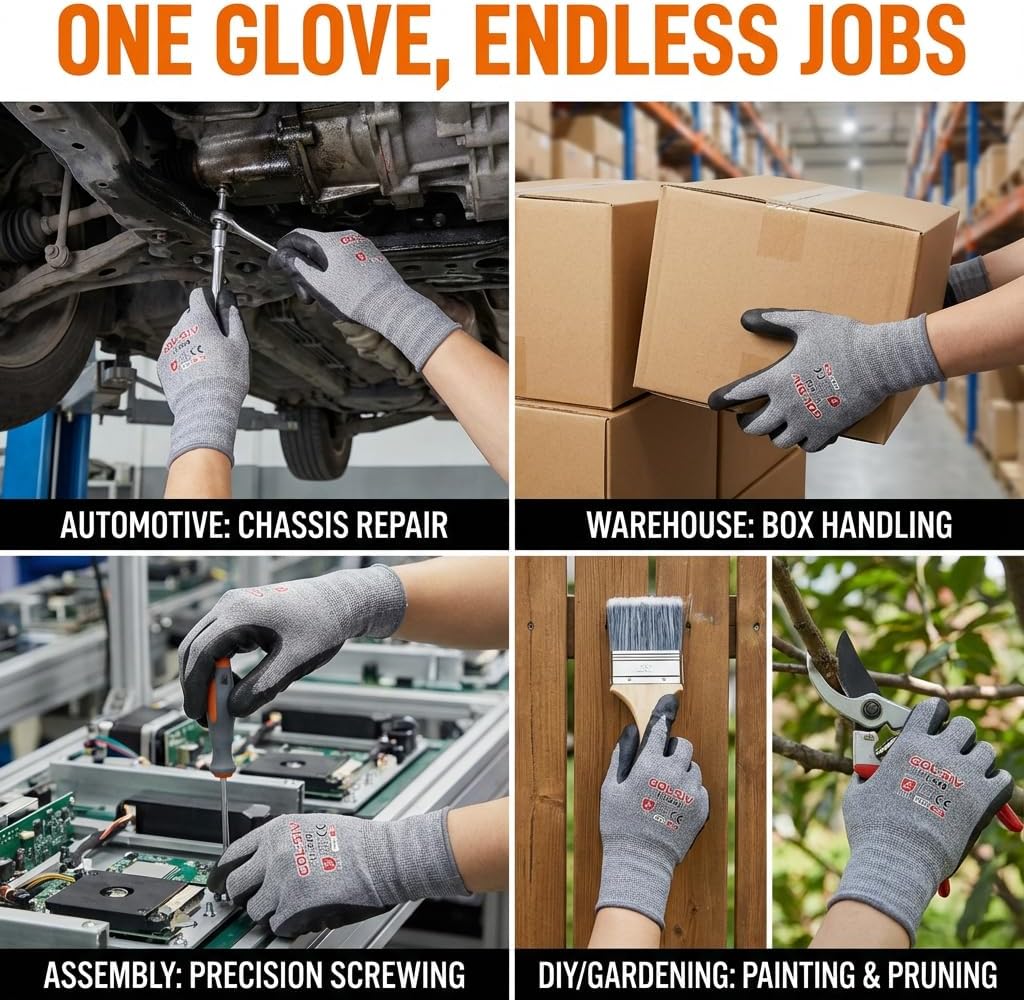 Safety Work Gloves for Men 12 Pairs, Breathable Micro-Foam Nitrile Coated, Non-Slip Grip for Logistics & Auto Repair, Lightweight 15 Gauge Spandex High Dexterity Fit (XL)