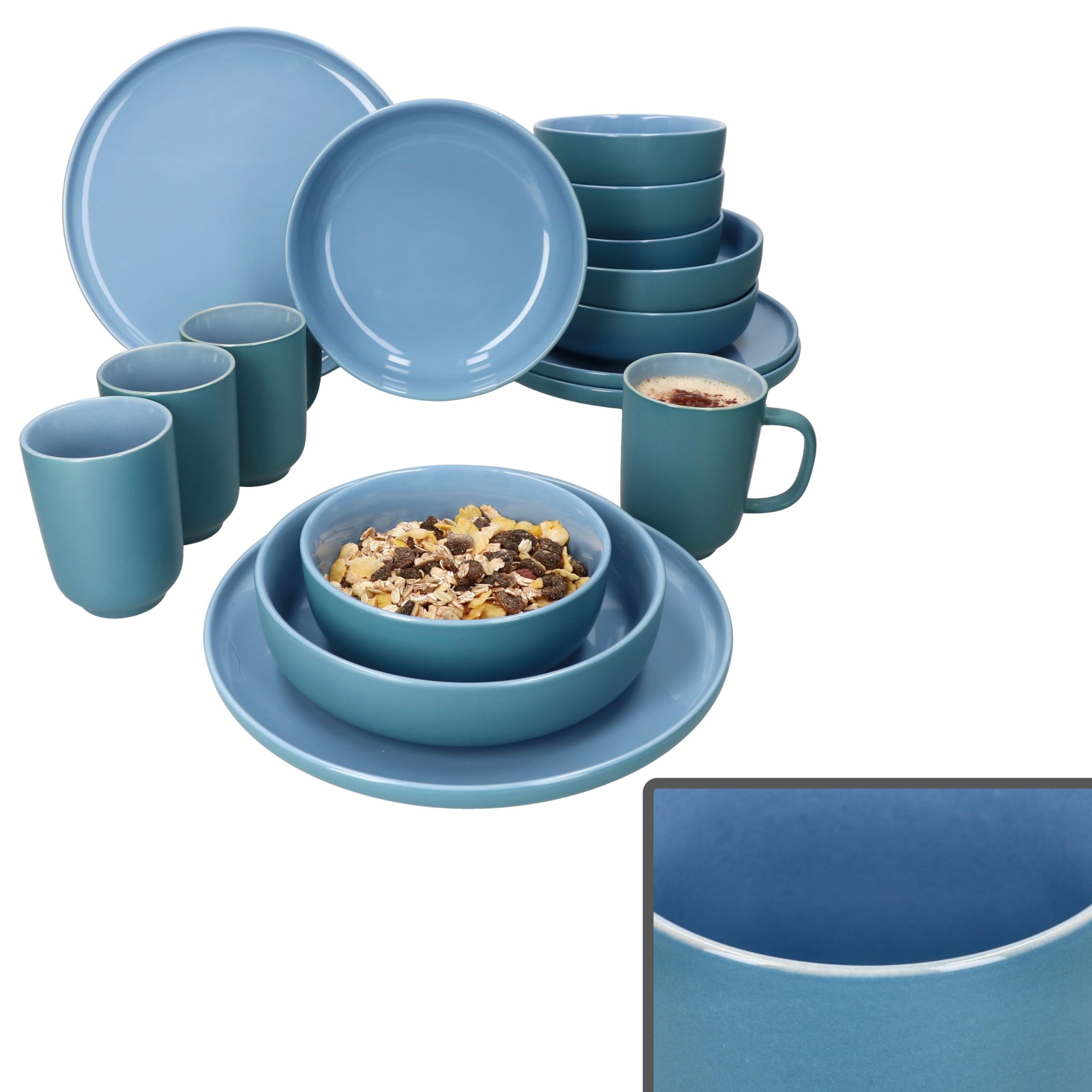 Ritzenhoff & Breker Jasper Service de table 16 pièces en faïence pour 4 personnes Bleu océan Avec 4 tasses à café de 250 ml, bols de 360 ml, assiettes creuses et assiettes plates I Petit déjeuner et