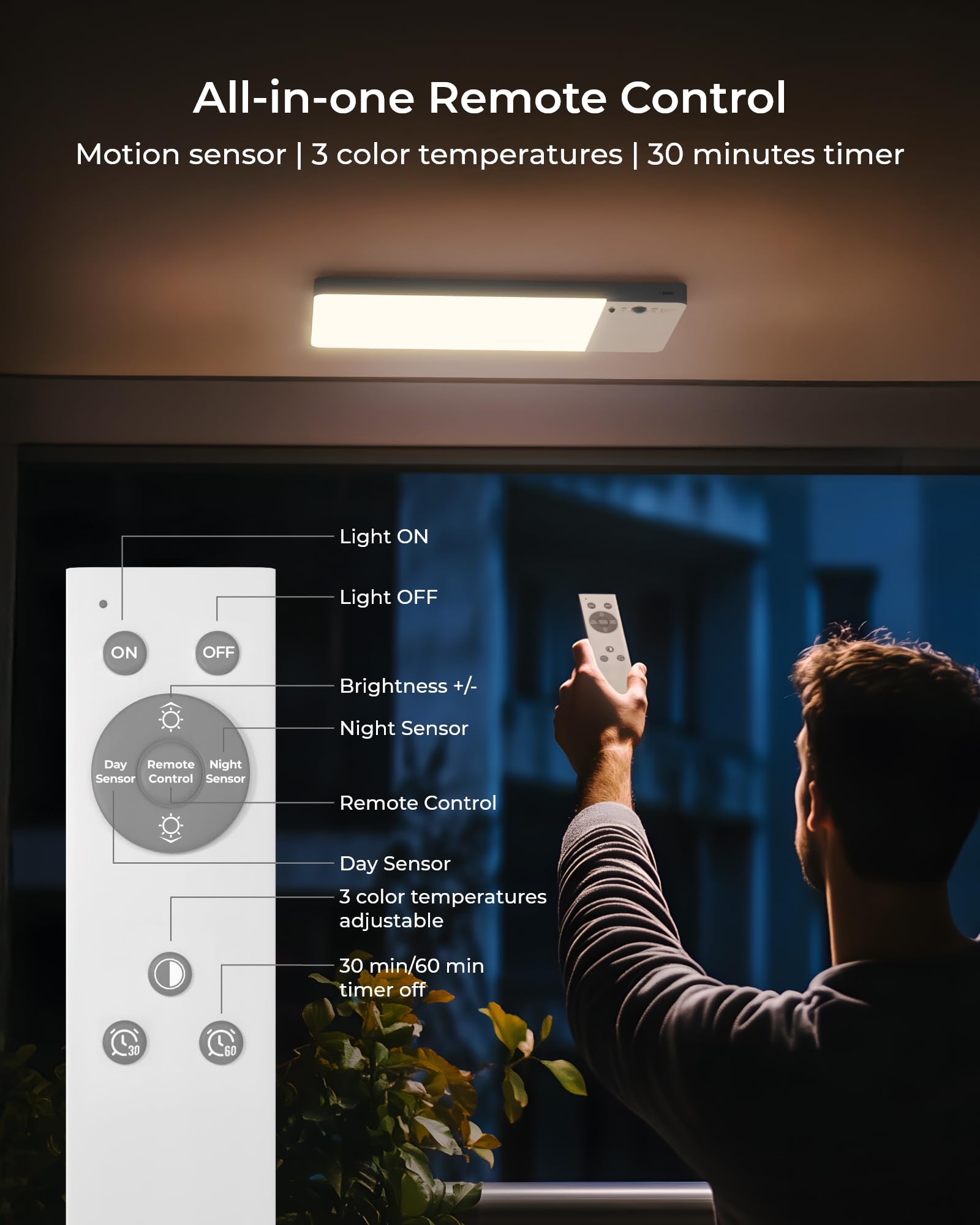 FULEN Wiederaufladbare Deckenleuchte mit Bewegungsmelder-Upgrade, Schranklicht mit 12000mAh Akku, LED Duschleuchte, Deckenlampe für Badezimmer, Keller, Garage, Fernbedienung‌