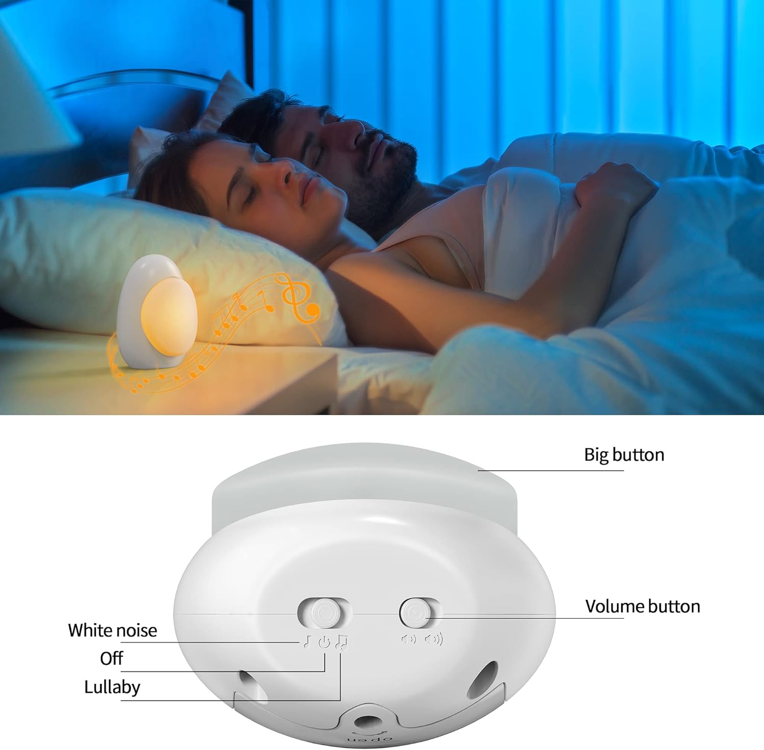 A sequence of three images demonstrating how to adjust the night light brightness by long-pressing the main button, showing varying light intensities.