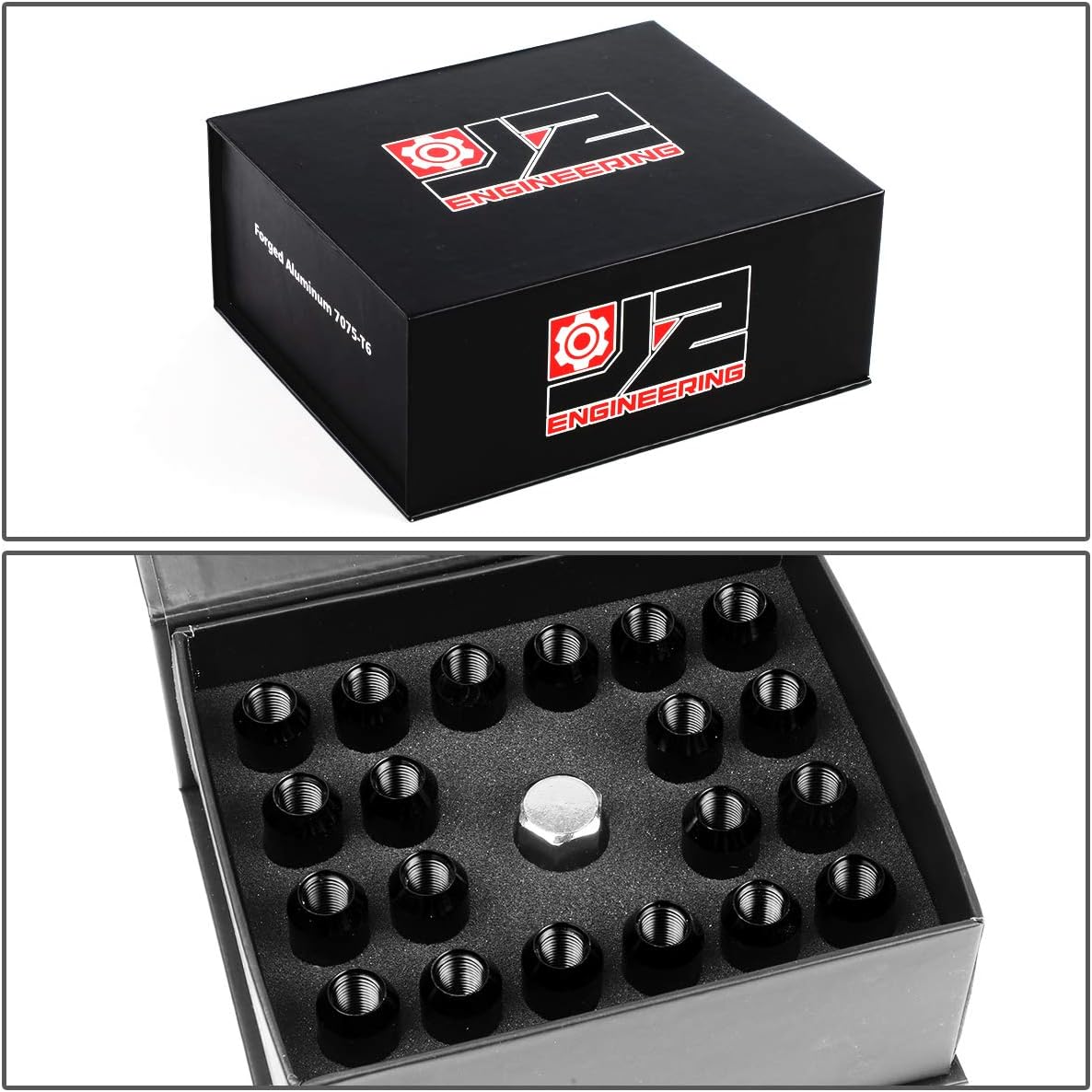 J2 Engineering 20 Pcs 7075 Aluminum Tall Open End M12 x 1.25 Lug Nuts Set w/Socket Adapter, Black, Fit Conical Seat, LN-T7-003-125-BK