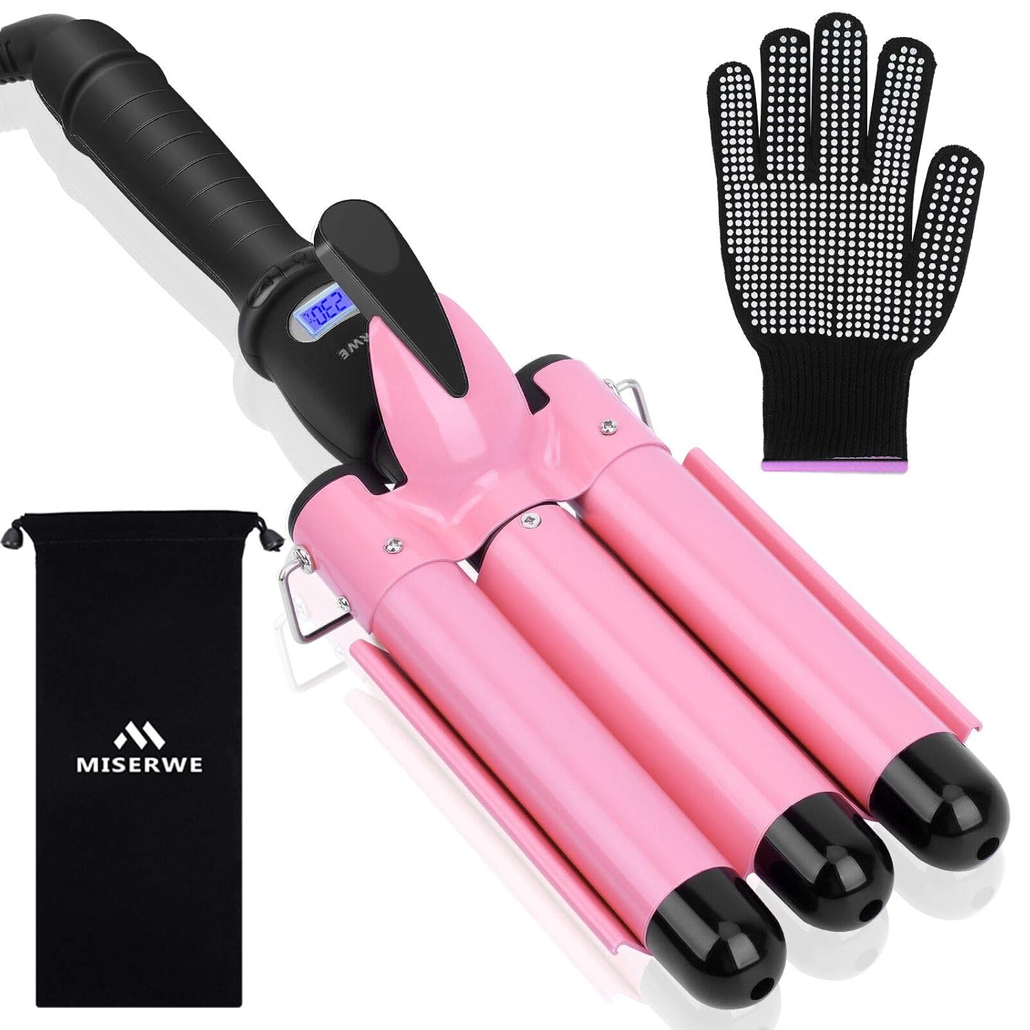 [Update Version] 3 Barrel Curling Iron 1 inch Hair Crimper with LCD Display Hair Wand Waver Iron Fast Heating Ceramic Curling Wand with Heat Resistant Glove & Travel Bag