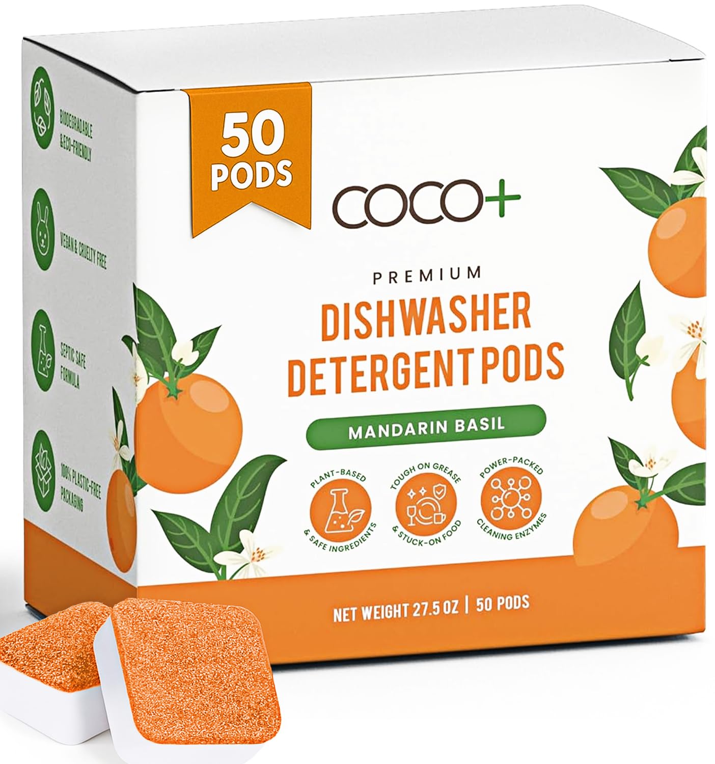 COCO+ Dishwasher Detergent Pods - Nano-Concentrated Enzymes Power with Rinse Aid &amp; Hard Water Protection - Sparkling, Spotless Dishes - 50 Pods (Mandarin Basil)