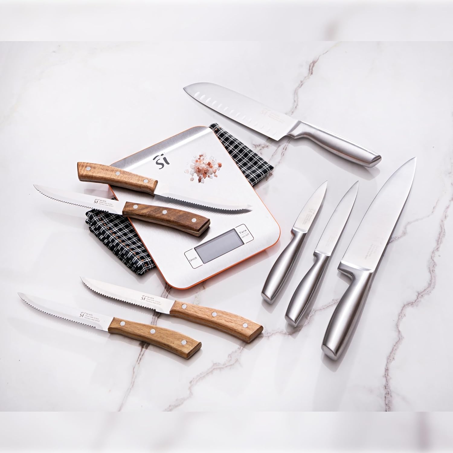 San Ignacio Butcher Knife Set - 4 Serrated Steak Knives for Kitchen, Stainless Steel, Acacia Wood Handle, Hand Wash