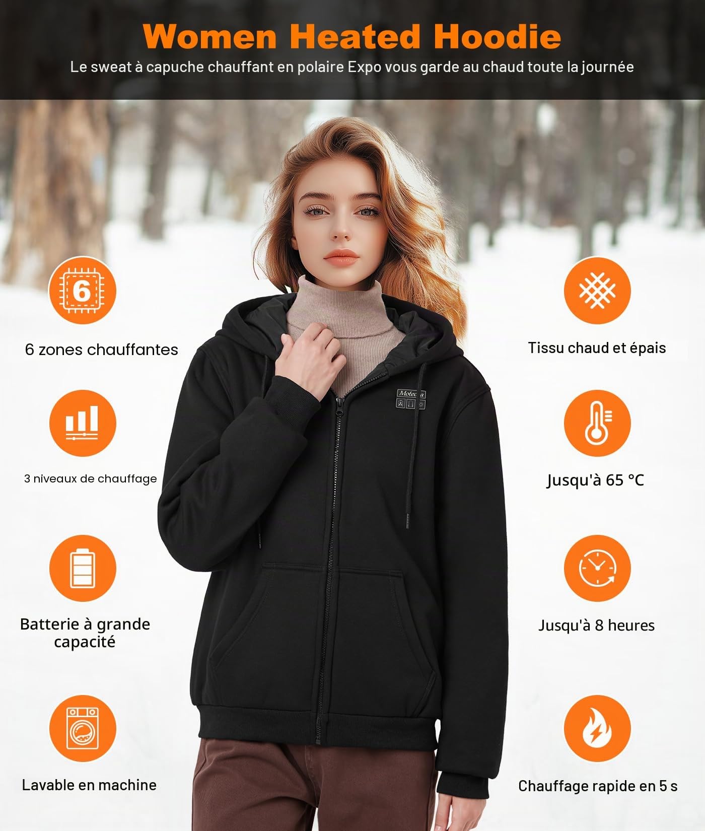 Sweat Chauffant Femme avec Batterie 7,4 V 16000 mAh Manteau Chauffant Femme Pull Chauffant Vetement Chauffant avec 3 Niveaux de Température