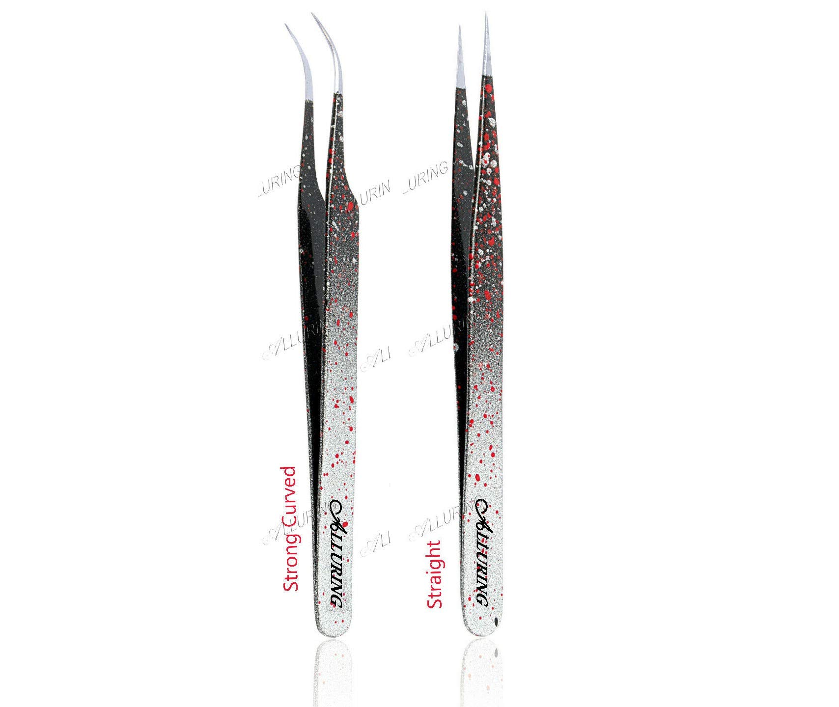 Alluring Ombre Black & Red Tweezers for Eyelash Extensions - Strong Curved, Straight (pair)