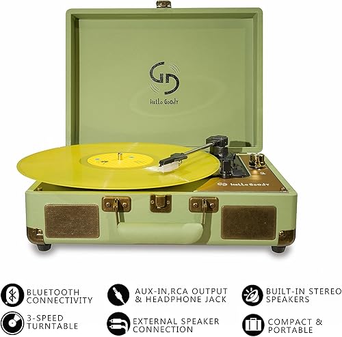 Miniatura 2 de HelloGoody - Tocadiscos de vinilo inalámbrico de 3 velocidades, tocadiscos portátil de maleta, altavoces estéreo integrados, lápiz capacitivo extra,