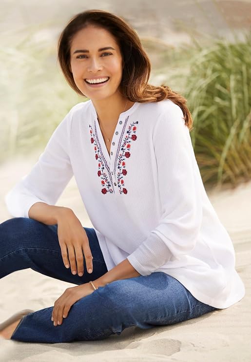 Woman Within Embroidered Thermal Henley Tee