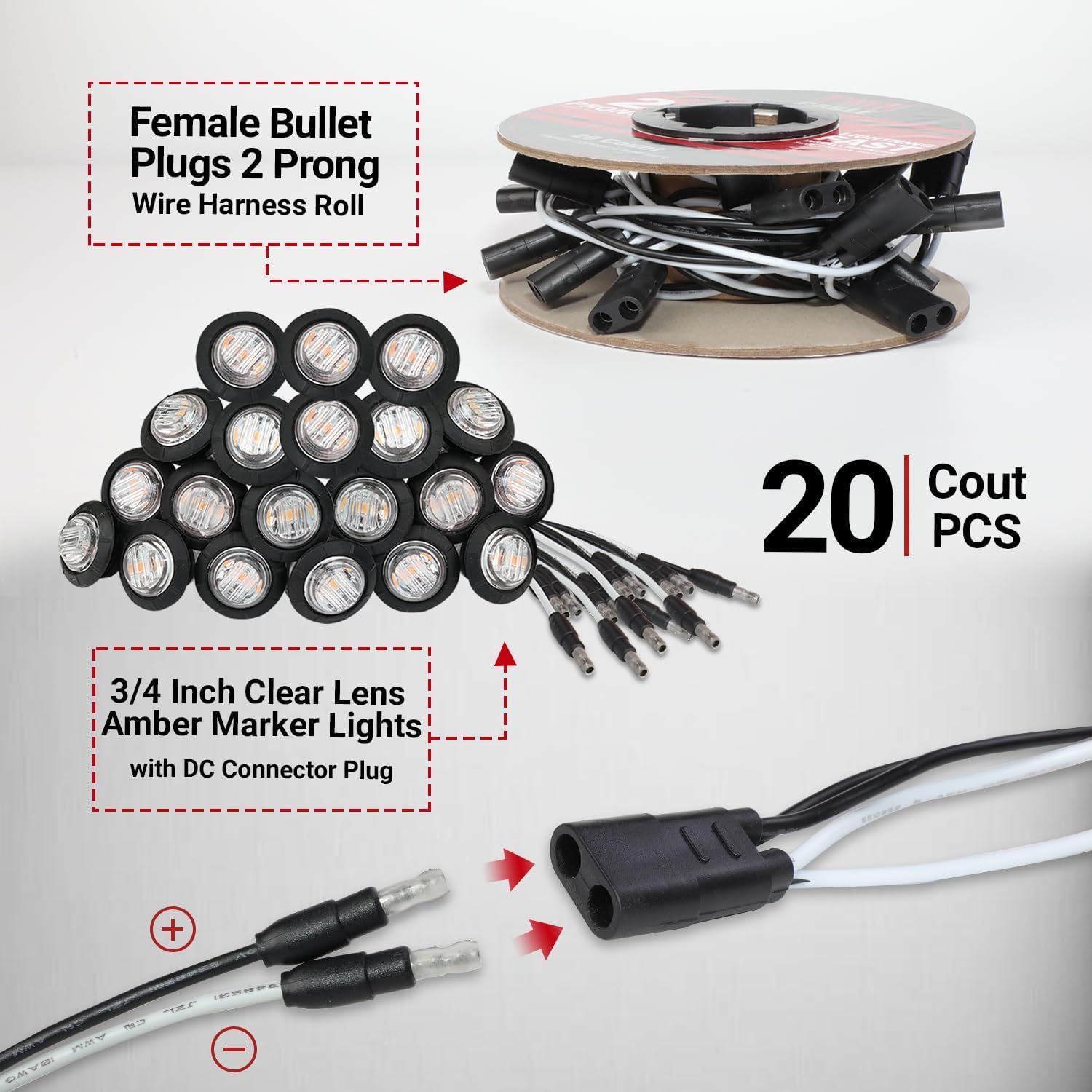 TMH 20 Pcs of 3/4 Inch Side Marker Clear Lens Amber Lights with Connector Plug + 2 Pin Continuous Wire Harness, Plug and Play Hassle-Free Installation for Truck Trailer RV Pickup