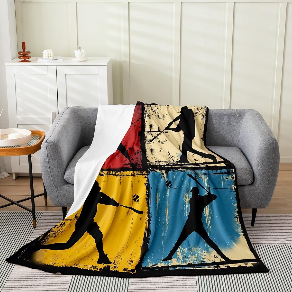 Baseball Fleece Blanket,Sporting Ball Game Athlete Silhouette Retro Bed Blanket for Kids Teens,Red Blue Yellow Plaids Patchwork Flannel Blanket for Room Decor,Queen 90"x90"