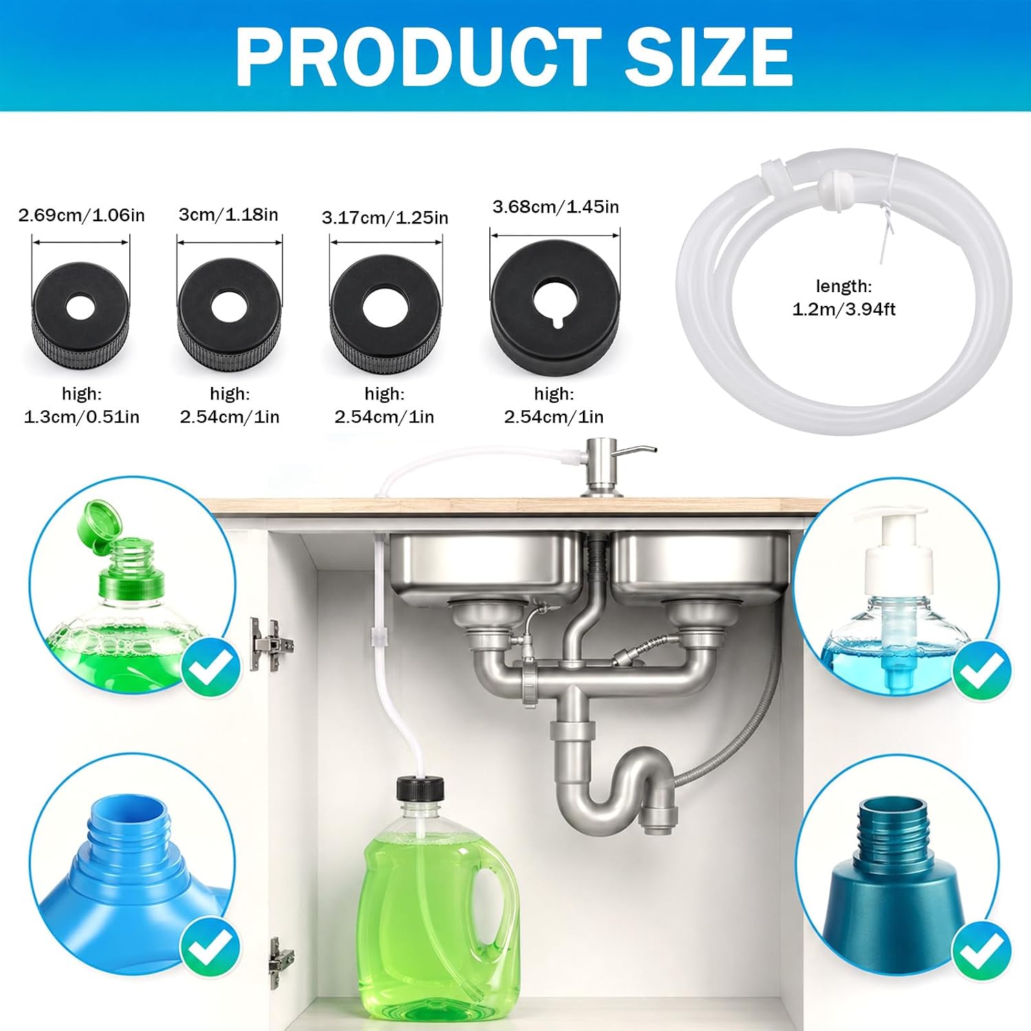 47" Long Under Sink Soap Dispenser Extension Tube Kit with Check Valve