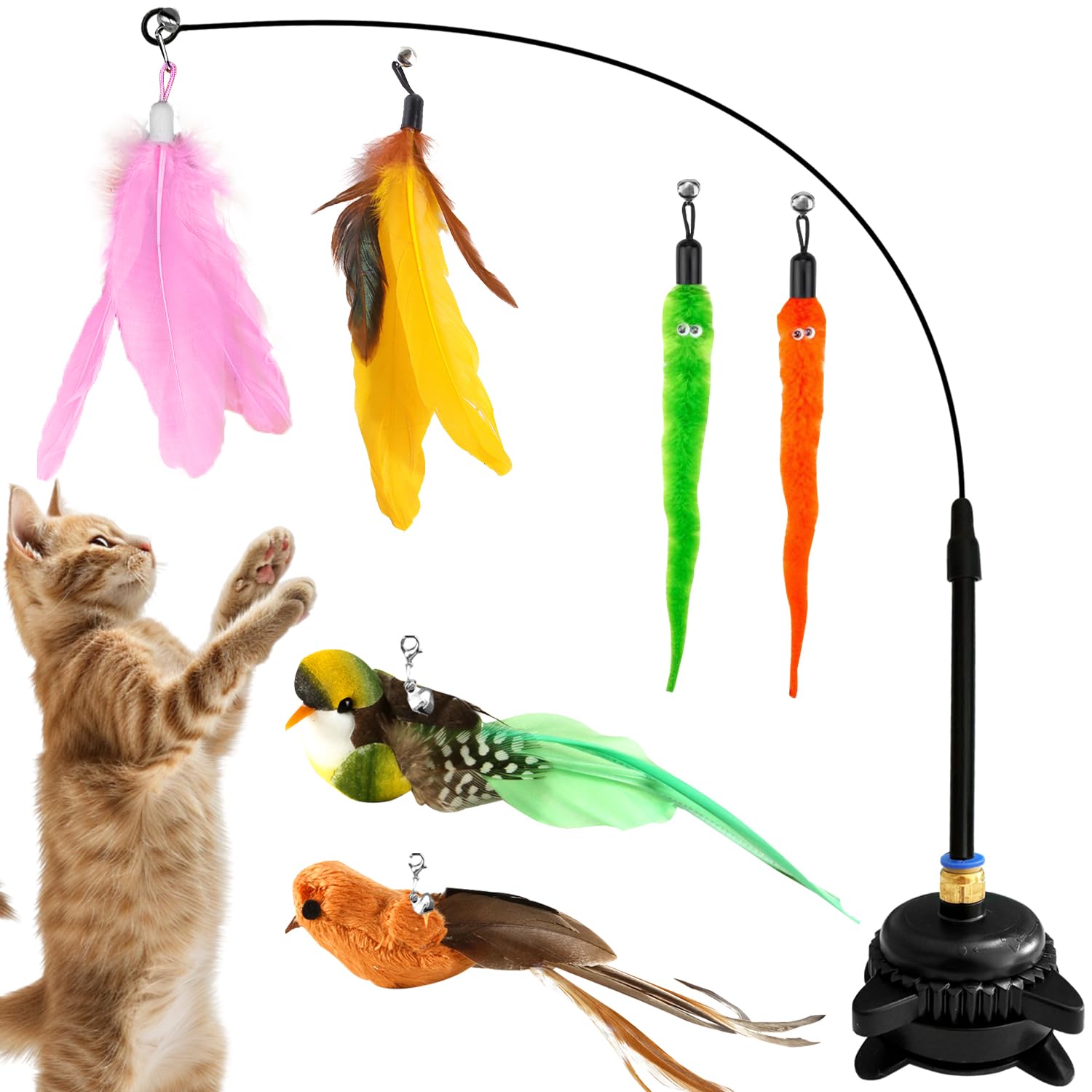 6 Pack Suction Cup Cat Toys For Indoor Cats, Simulated Flying Bird Cat Toy, Including 1 Wand And 6 Feather Teaser Attachment, Cat Toy Suctions To Ground, Self Play Cat Toys, Interactive Flappy Spring