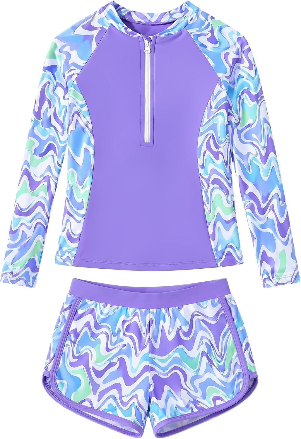 Girls Rash Guard Swimsuit Set Long Sleeve Bathing Suits UPF 50+ Swimwear 7-14Y