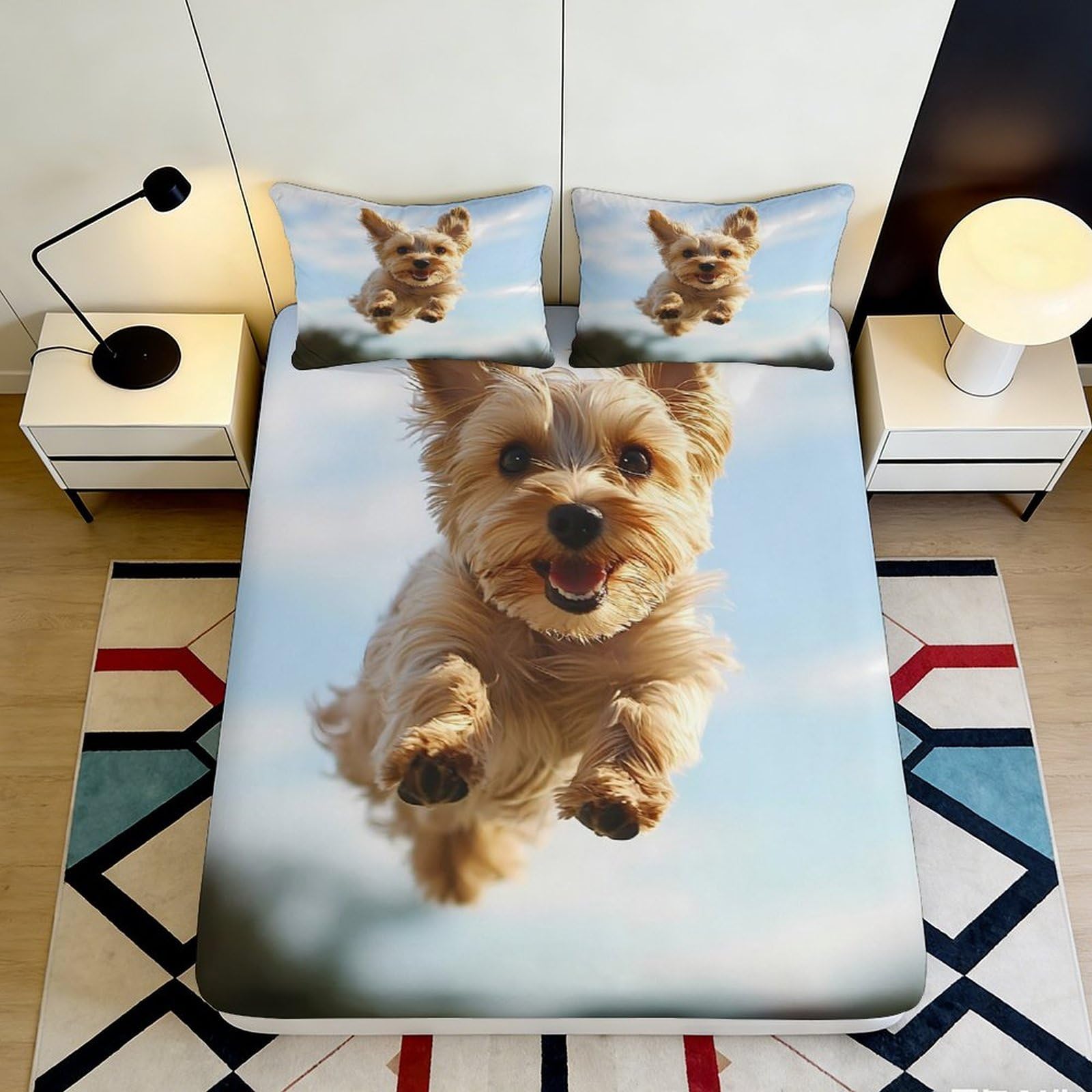 3D Printed Playful Puppy Fitted Sheet Microfiber Soft Anti-Slip Dog Mattress Cover for Bedroom Guest Room Decor 90x200x25cm