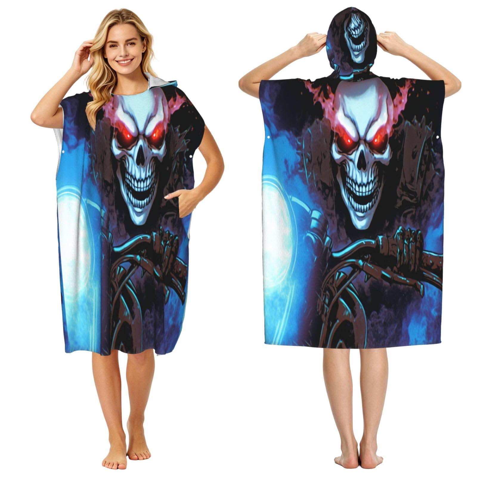 KLGRTJHK Skeleton Motorcycle Adult Hooded Beach Poncho Towel 43"X35"