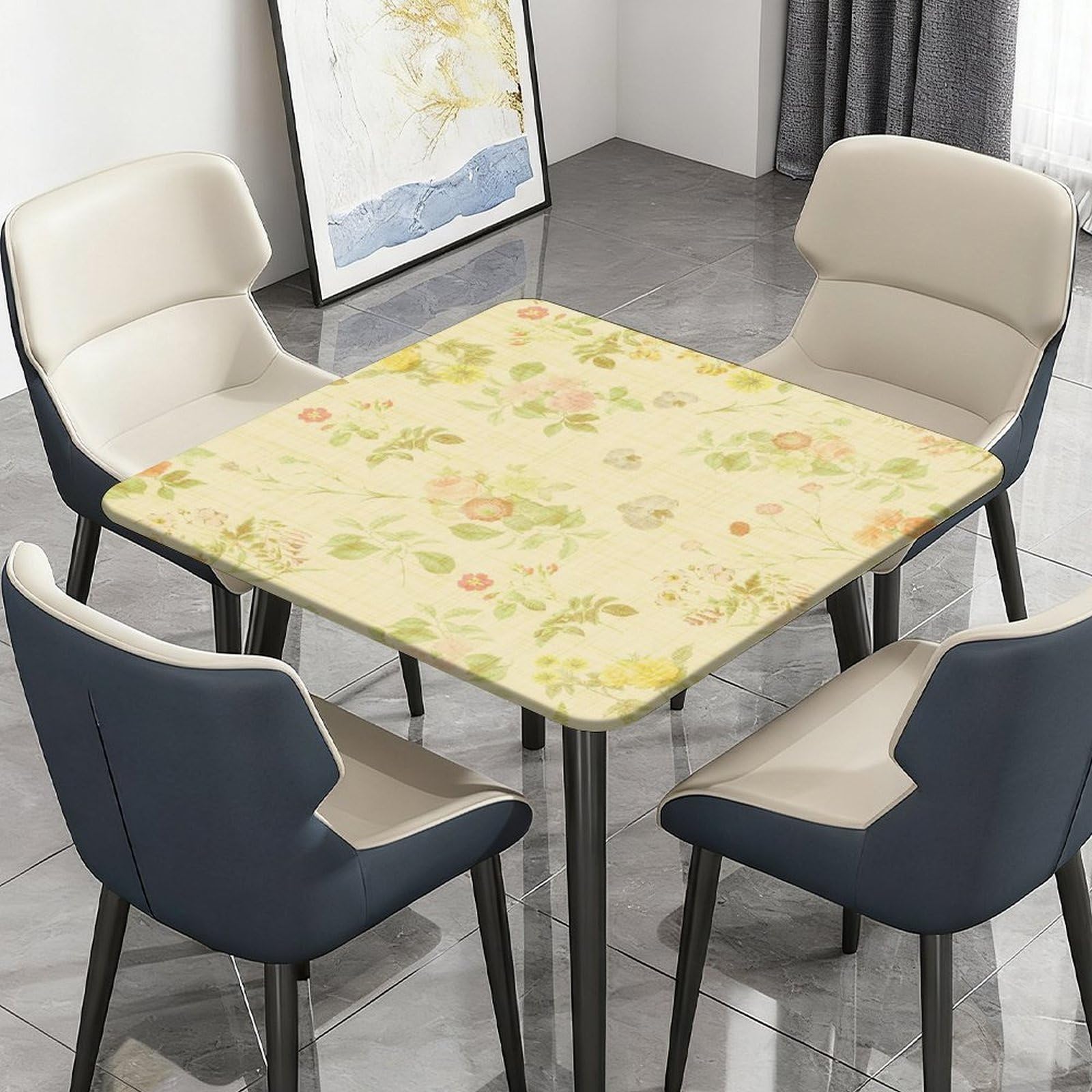 Highdi Flowers Waterproof Square Tablecloth Cover - Oxford Cloth - Elastic Fitted for Kitchen/Garden Rectangular Tables, Stain-Resistant Wipe-Clean Table Cover (Yellow,120x120cm)