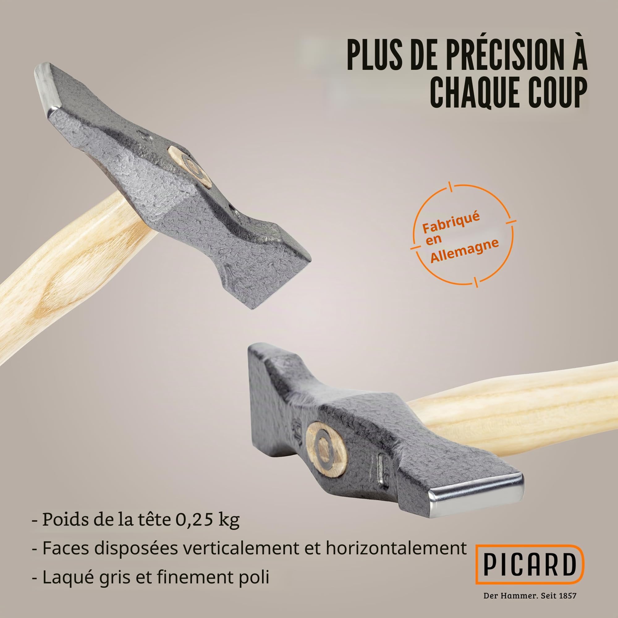 PICARD marteau à queue croisée, no. 175 ½ ES, 250g | Tête en acier forgé avec deux pennes polies | Manche en frêne ergonomique | | Durable & équilibré | Petit marteau charpentier | Hammer