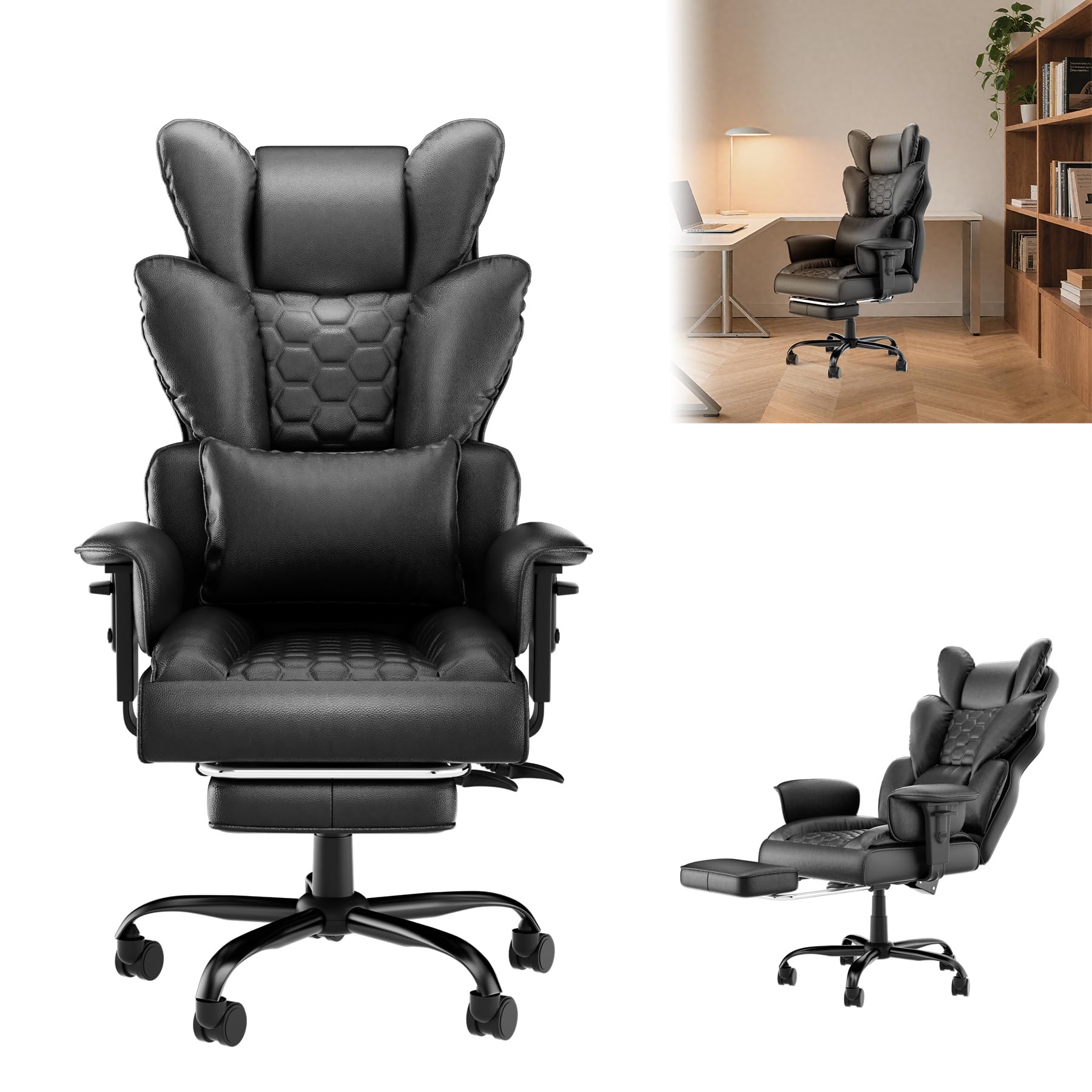 LZQ Silla de oficina ergonómica de piel con reposapiés, silla de ordenador para videojuegos de poliuretano, respaldo ajustable de 90 a 150°, reposabrazos ajustables en altura, soporta hasta 150 kg