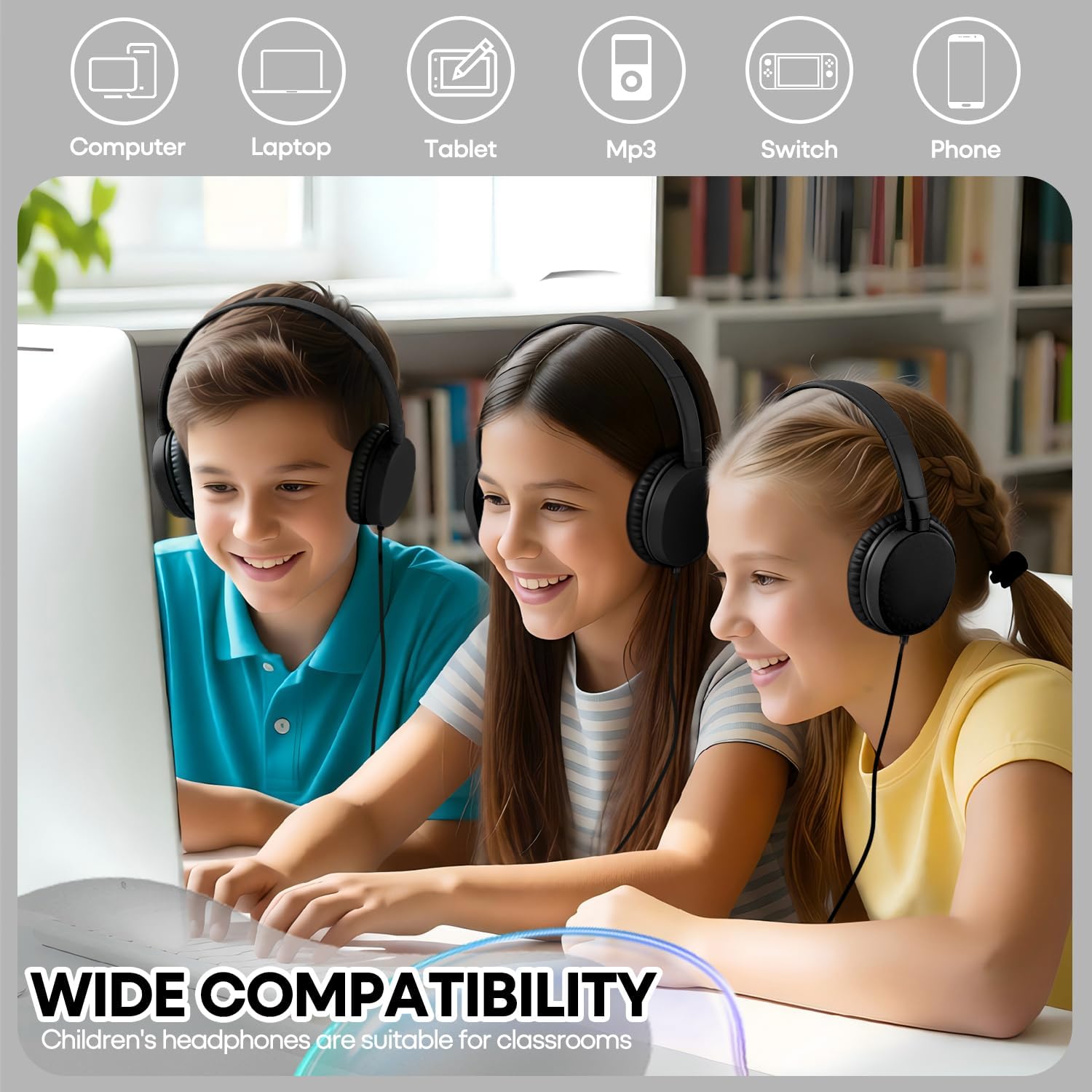 Classroom Headphones Bulk 25 Pack for Students School Kids, Wholesale Sturdy On-Ear Wired Earphones for Children Toddler Teens Boys Girls and Adult 3.5mm Plug Black