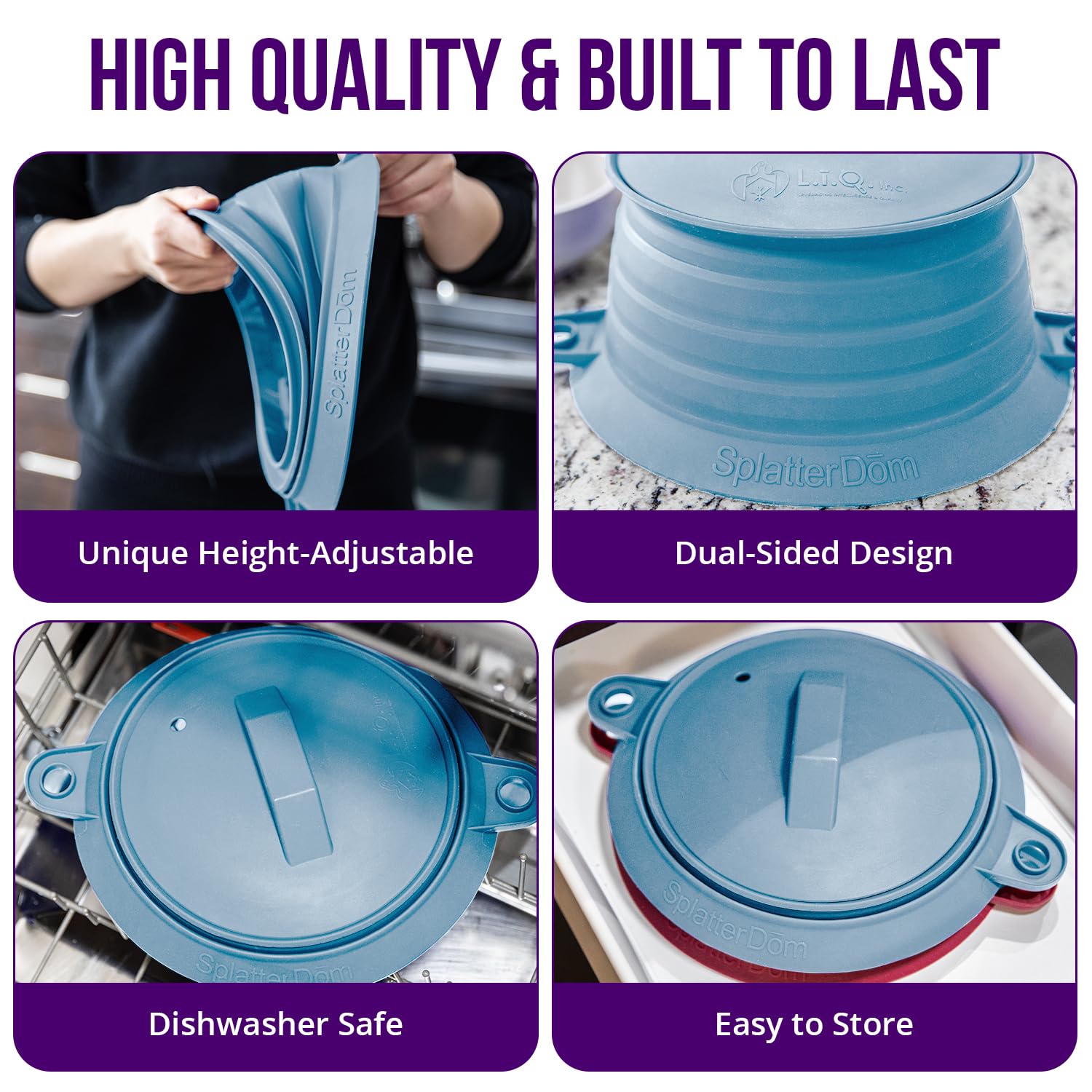 L.I.Q - Paraschizzi in silicone, adatto per pentole da 20 e 25 cm, utilizzabile in microonde e durevole, con coperchio da 20,3 cm, paraspruzzi per alimenti e olio (acciaio blu, piccolo)