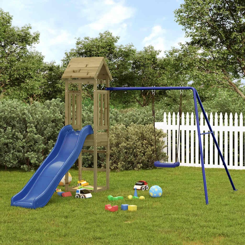 Torre de juegos de madera de pino impregnada con columpio, tobogán, arenero y pedestal, estructura de escalada para jardín, patio o terraza, parque infantil para movimiento y aventura al aire