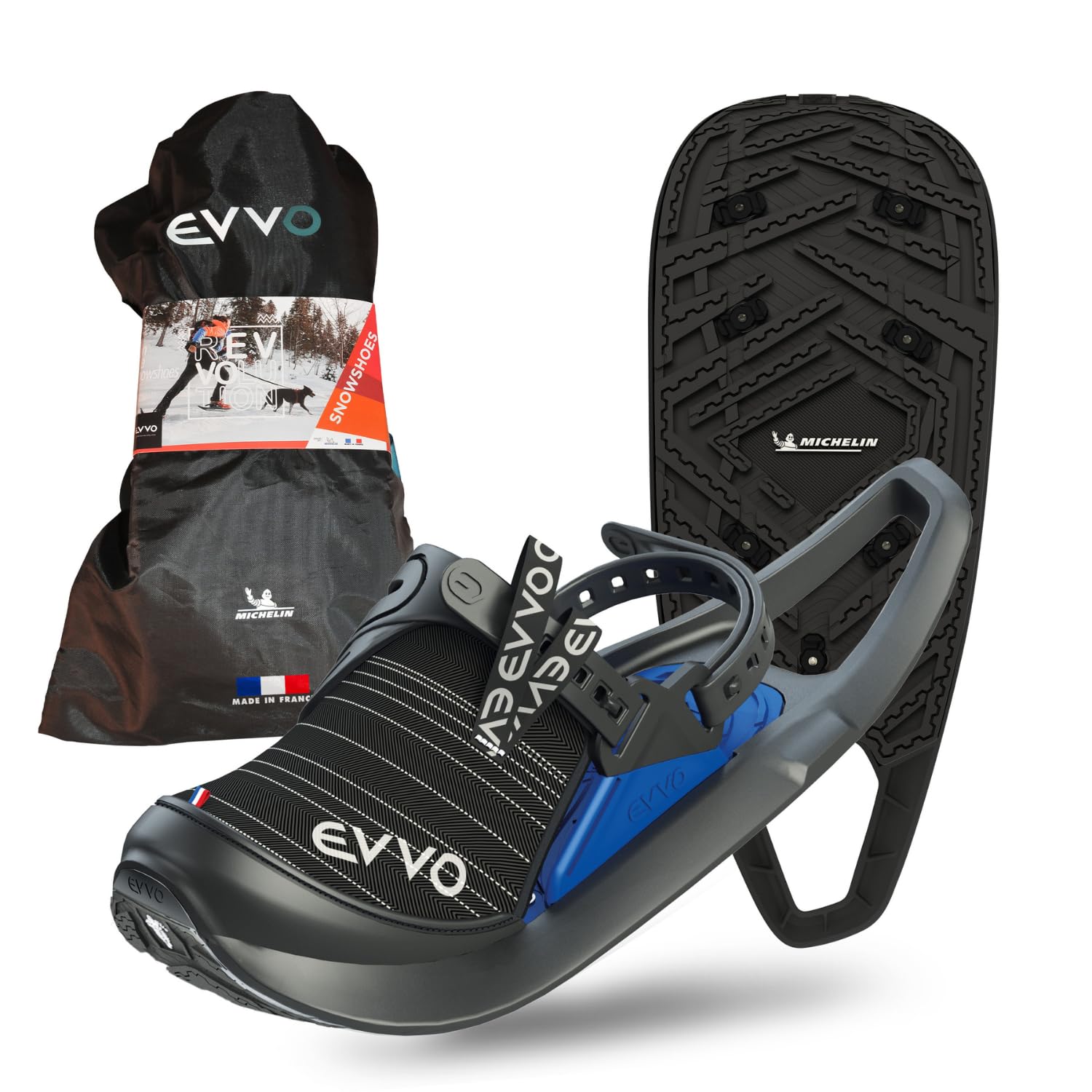 EVVO - Originale - Racchette da neve Made in France con solette con chiodi Michelin®, attacchi regolabili, per uomo e donna con borsa di trasporto inclusa, per tutti i terreni, escursioni, snowboard