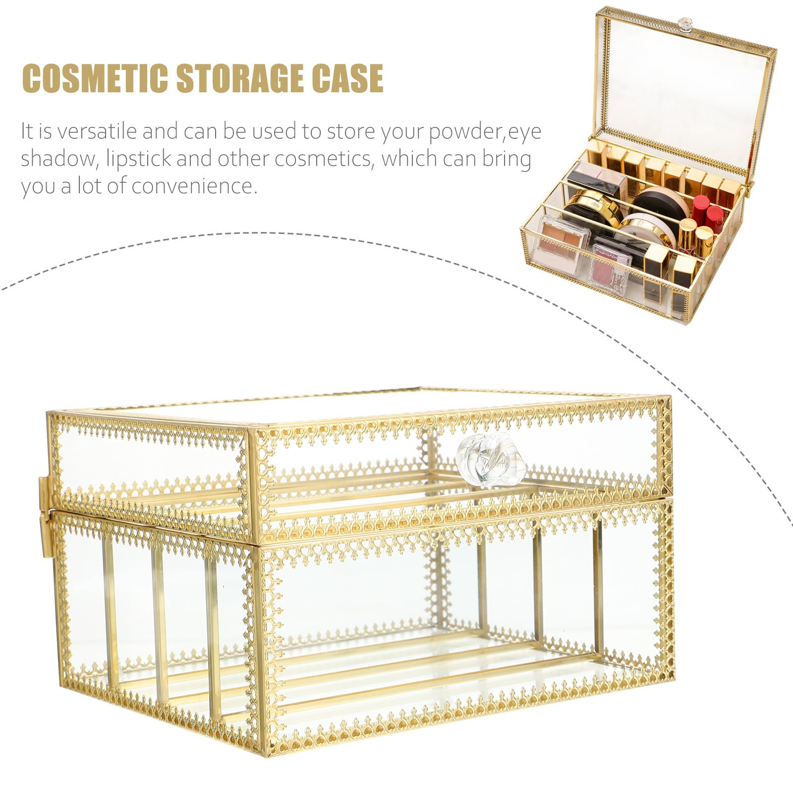 TIDTALEO Scatola Portatrucchi in Ottone e Vetro Coperchio, Contenitore Cosmetico Medio Resistente e Pratico, Organizer per Trucco da Scrivania per Ombretti, Rossetti e Ciprie