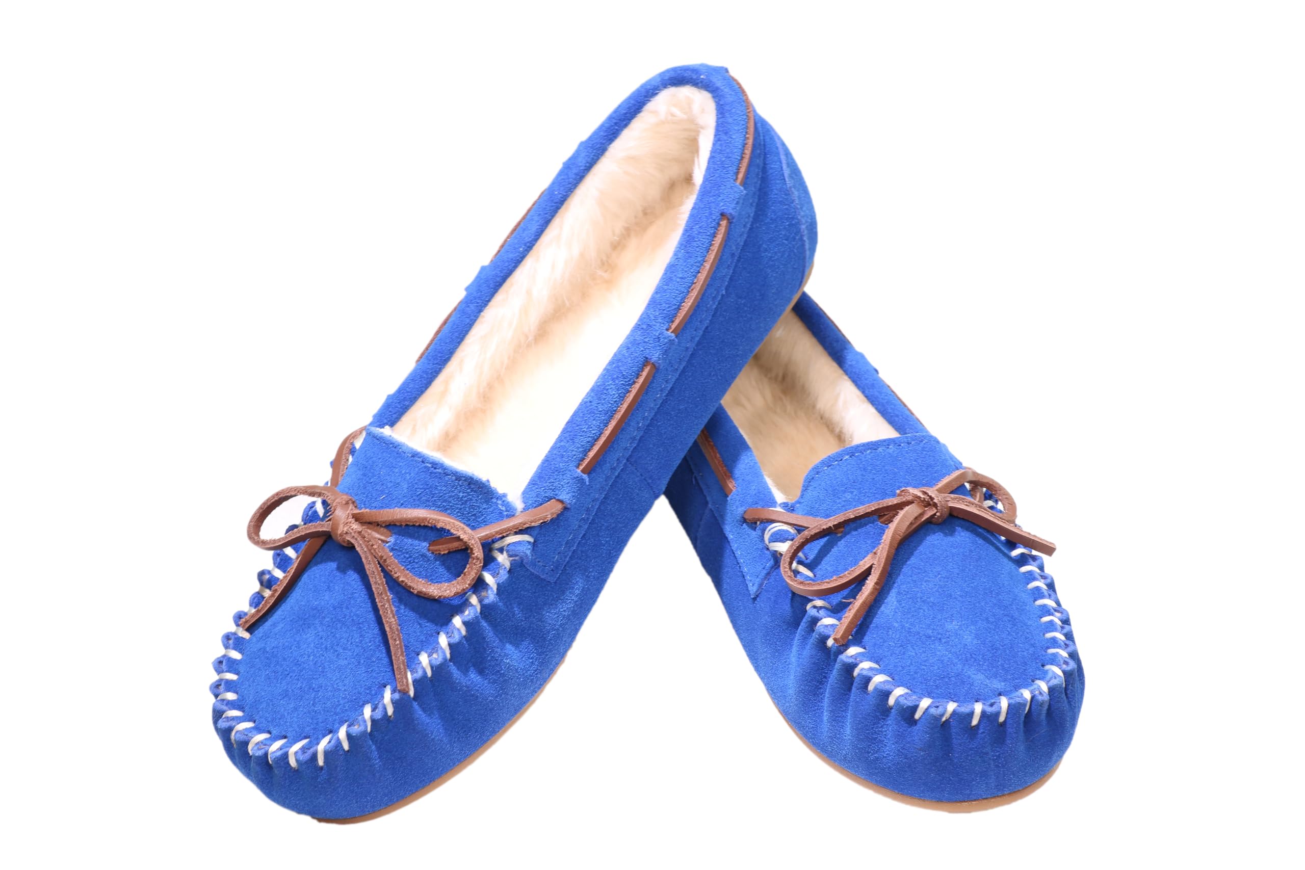 PEDOQU Women's moccasin slippers genuine leather upper house shoes faux fur pile lined lace-up cozy bow indoor & outdoor warm breathable loafer