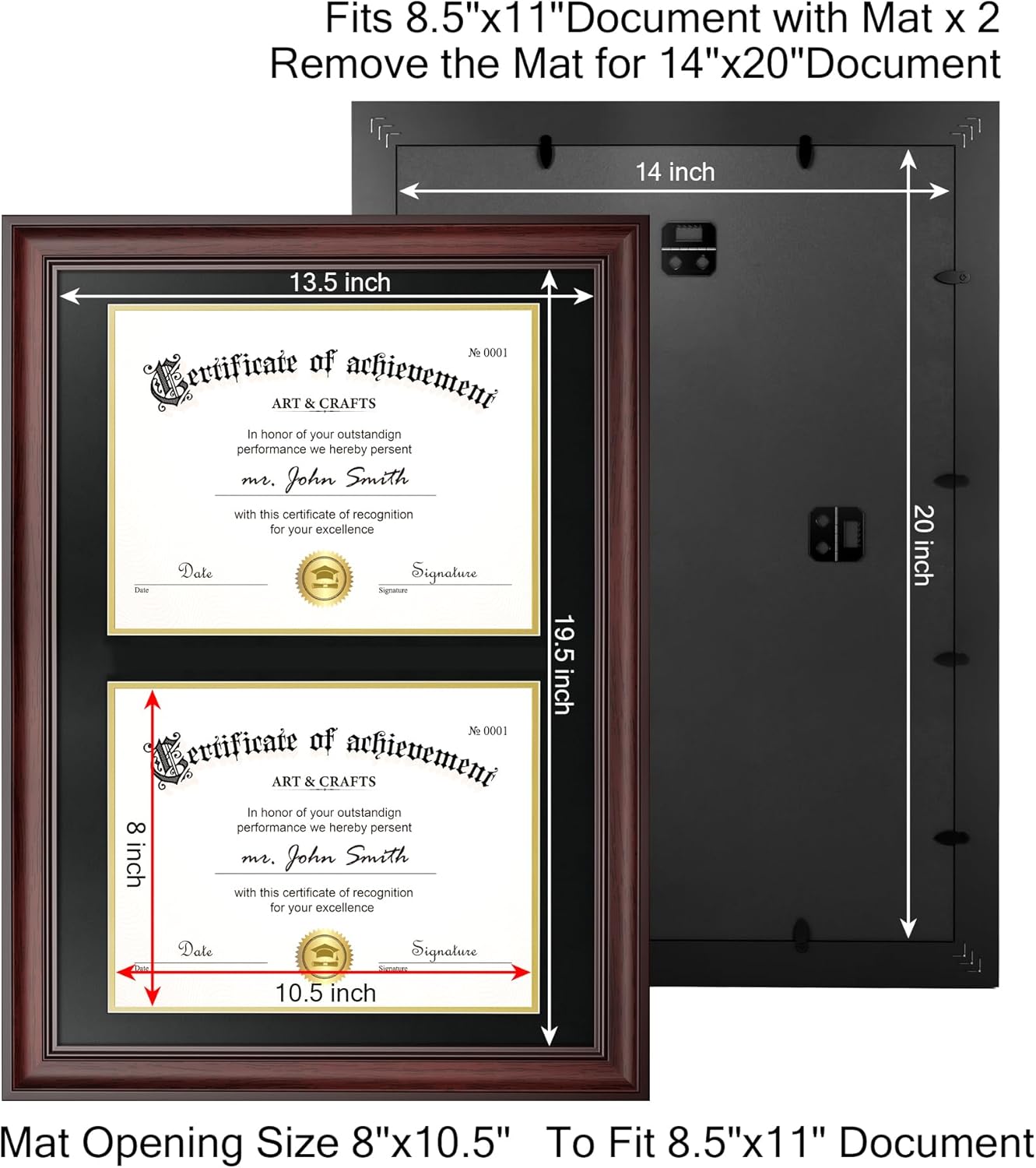 Yaetm Vertical Double Diploma Frame 14x20 for Two 8.5x11 Certificates, Degrees, Documents, Tempered Glass with Black Over Gold Acid-free Mats, Dual Diploma Frames, Mahogany/Black - Image 4