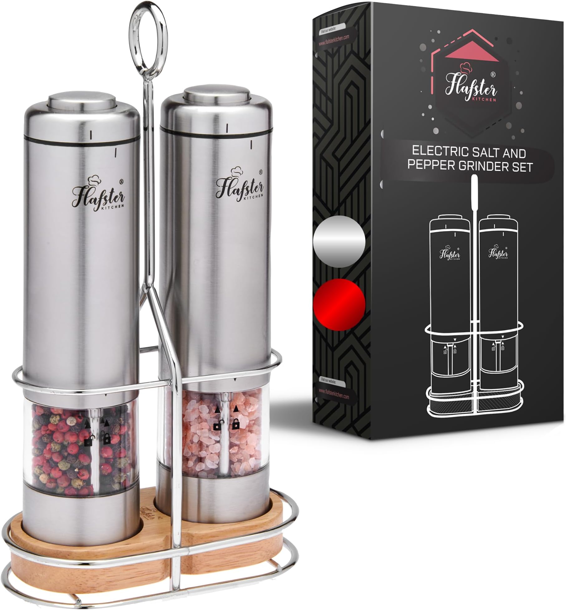 Flafster Kitchen Electric Salt and Pepper Grinder Set with Light - Battery Operated Pepper Mills with Stand