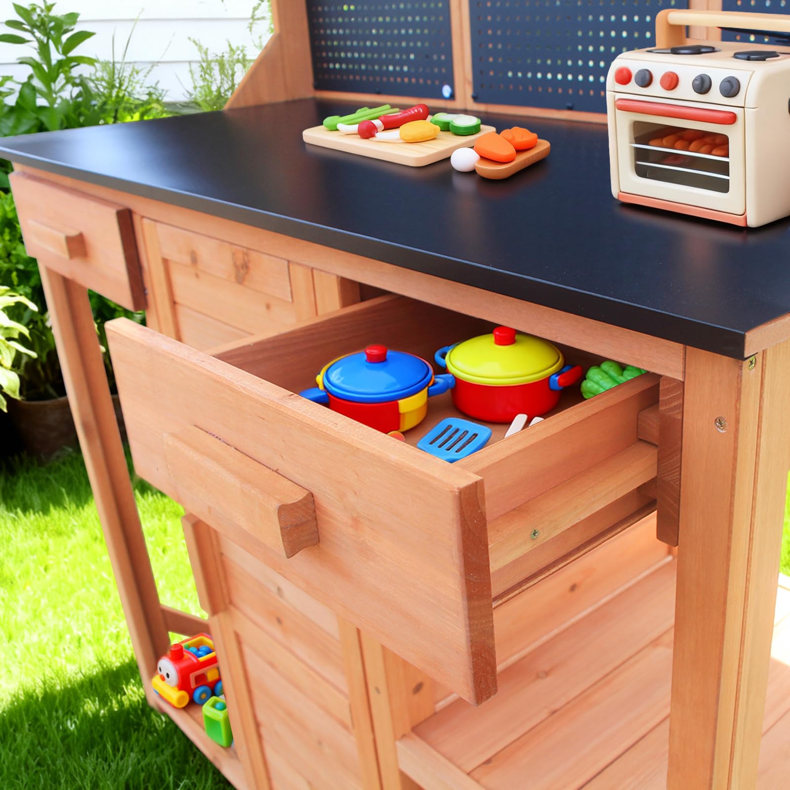 Armadio da giardino in legno resistente alle intemperie, per esterni, con parete forata, cassetti e spazio di archiviazione, resistente alle intemperie, per la cucina all'aperto, con ripiani e