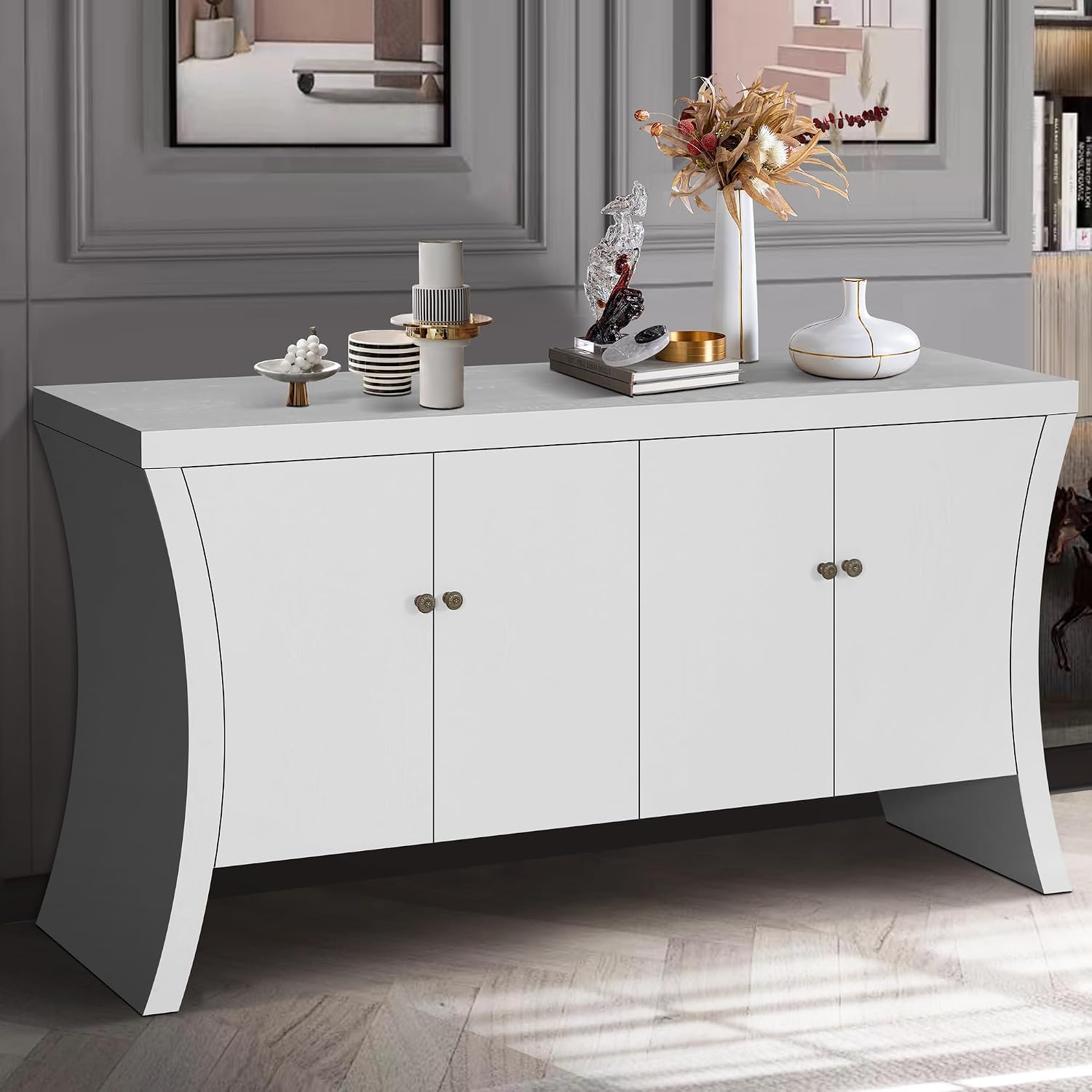 59" White Sideboard Buffet Cabinet, Wooden Arc Legs & Shelves, Mid Century Modern Credenza for Living Room, Coffee Bar Cabinet for Entryway, Hallway, Dining Room