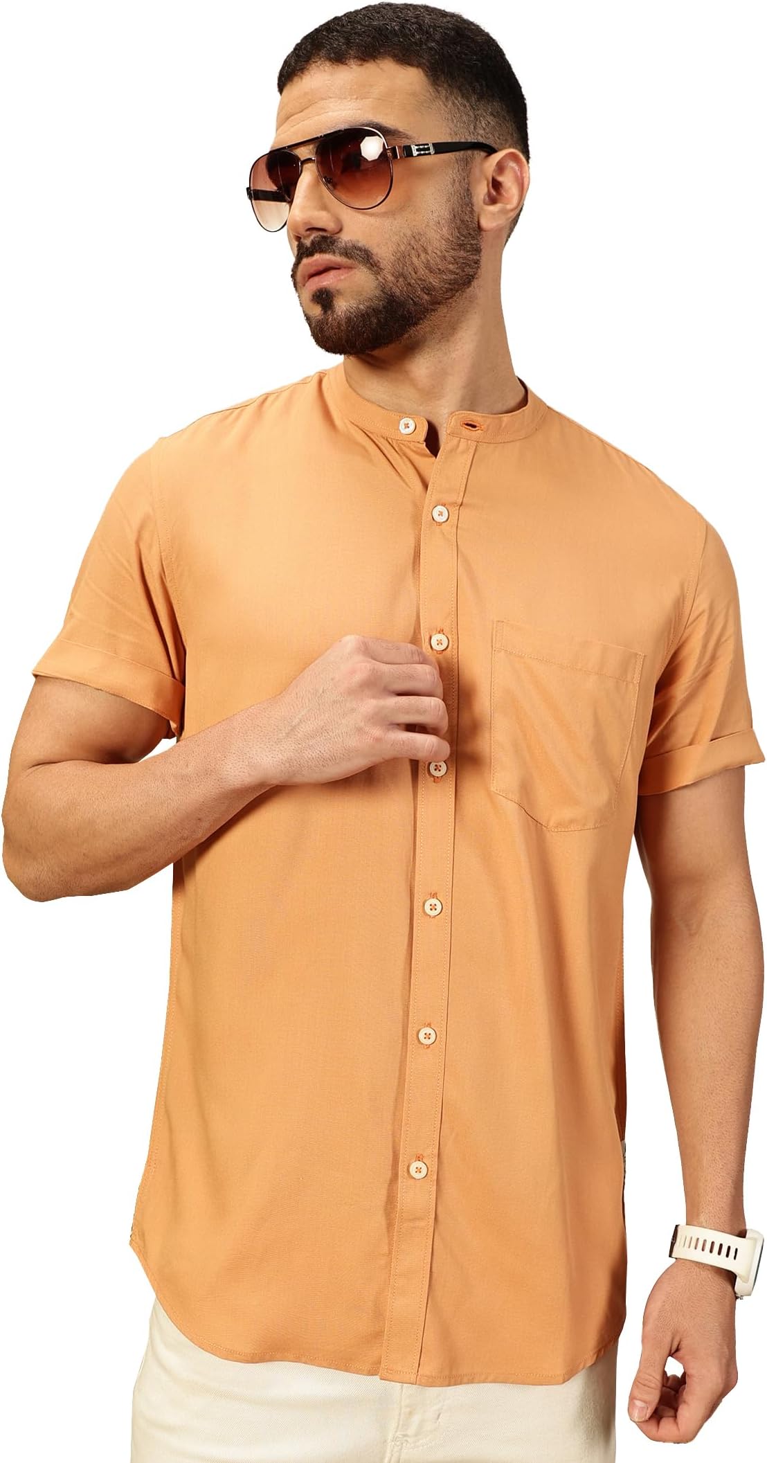 Thomas ScottMen's | Solid | Half Sleeve | Slim Fit | Viscose Rayon | Single Pocket | Mandarin Collar | Casual Shirt