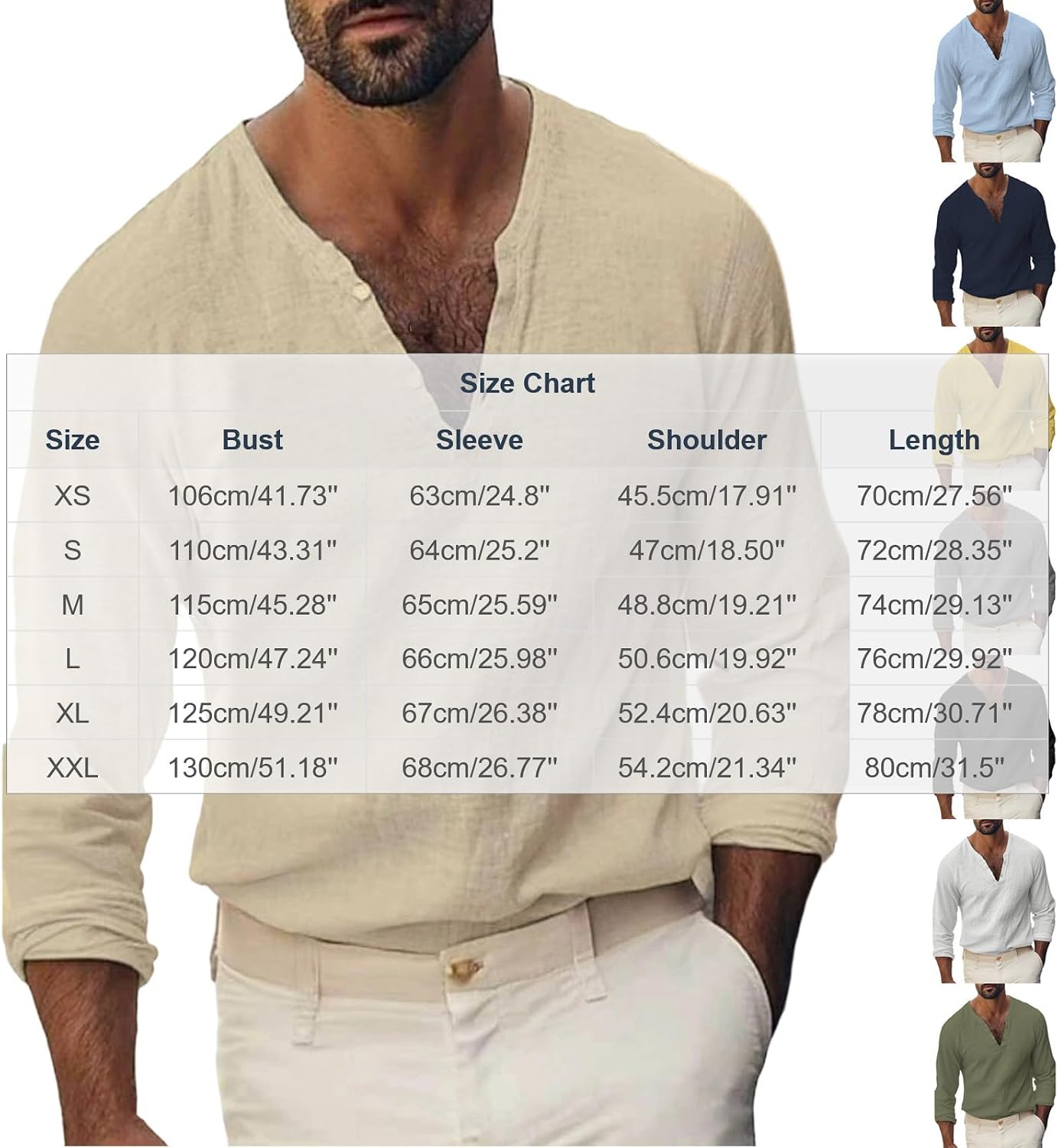 Men Long‑Sleeve V Neck Henley Shirt Loose Fit Linen Casual T‑Shirt