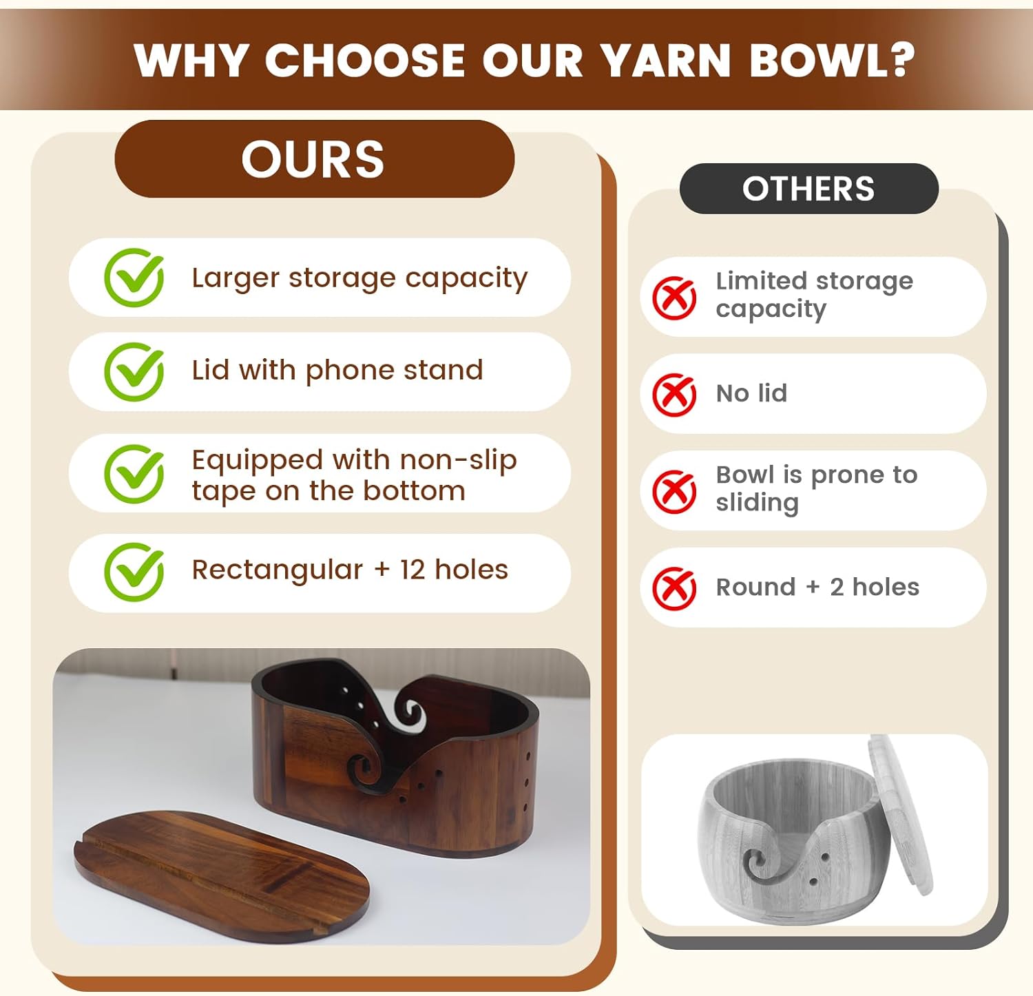 Wooden Yarn Bowl with Lid & Phone Slot, 11.4x5.9x4.7in Large Oval Acacia Wood Yarn Bowl Knitting for Crocheters, Crochet Yarn Holder Bowl (Oval - Acacia wood)