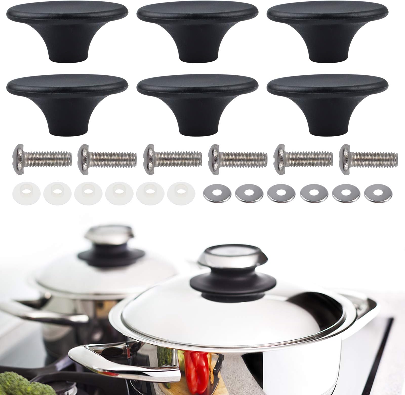 6 Sets Dutch Oven Knob, Replacement Knob Pot Lid Handle for Pots and Pans, Silicone Pot Lid Knob Fit for Le Creuset, Aldi, Lodge and Other Enameled Dutch Oven, Black (21.10.63 inch)