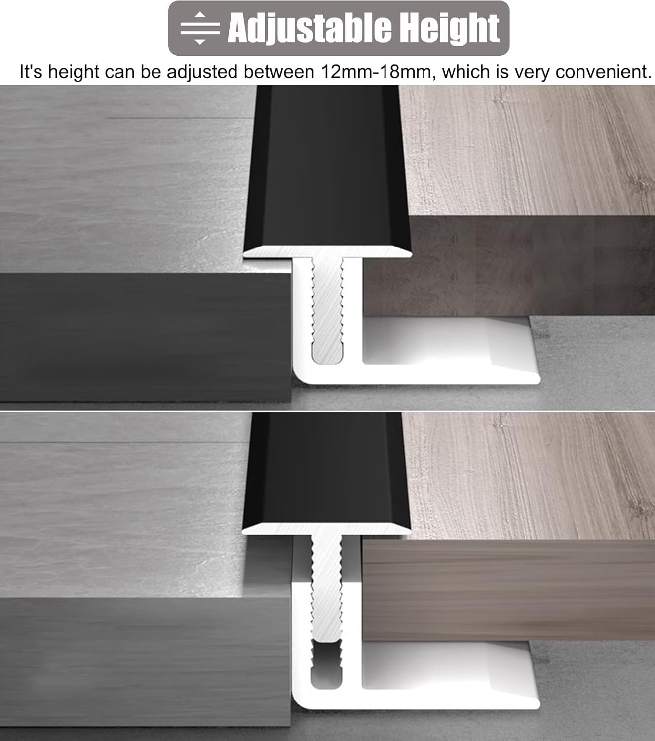 Door Threshold, Floor Transition Strip Tile to Wood Threshold Ramps Adjustable Height, Wear- Divider Bar with Base