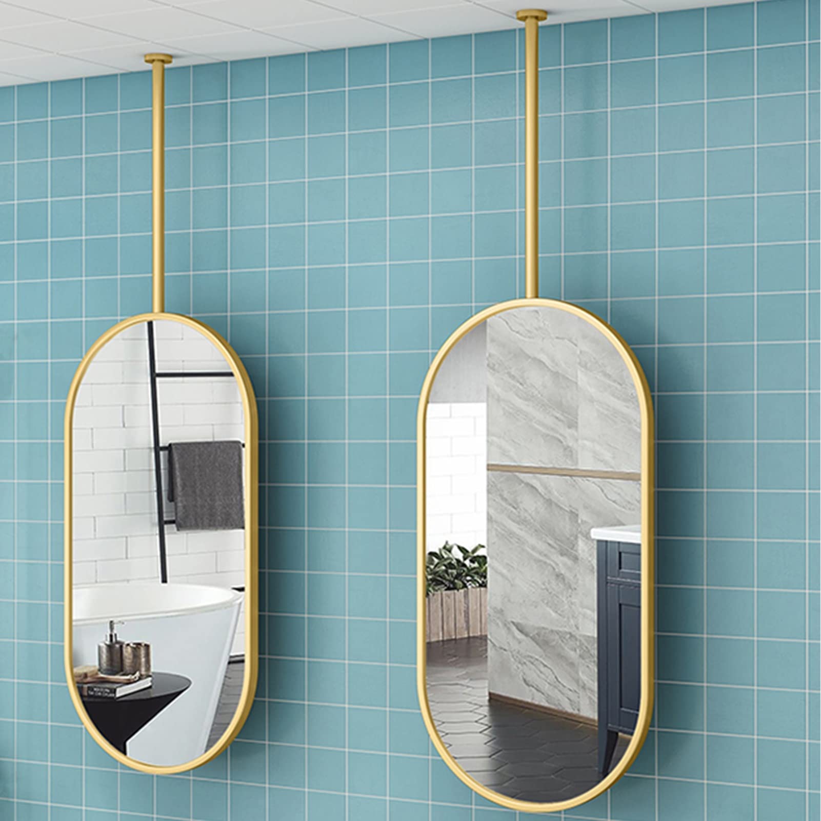 Miroir ovale suspendu doré anti-distorsion cadre métal robuste 40x70