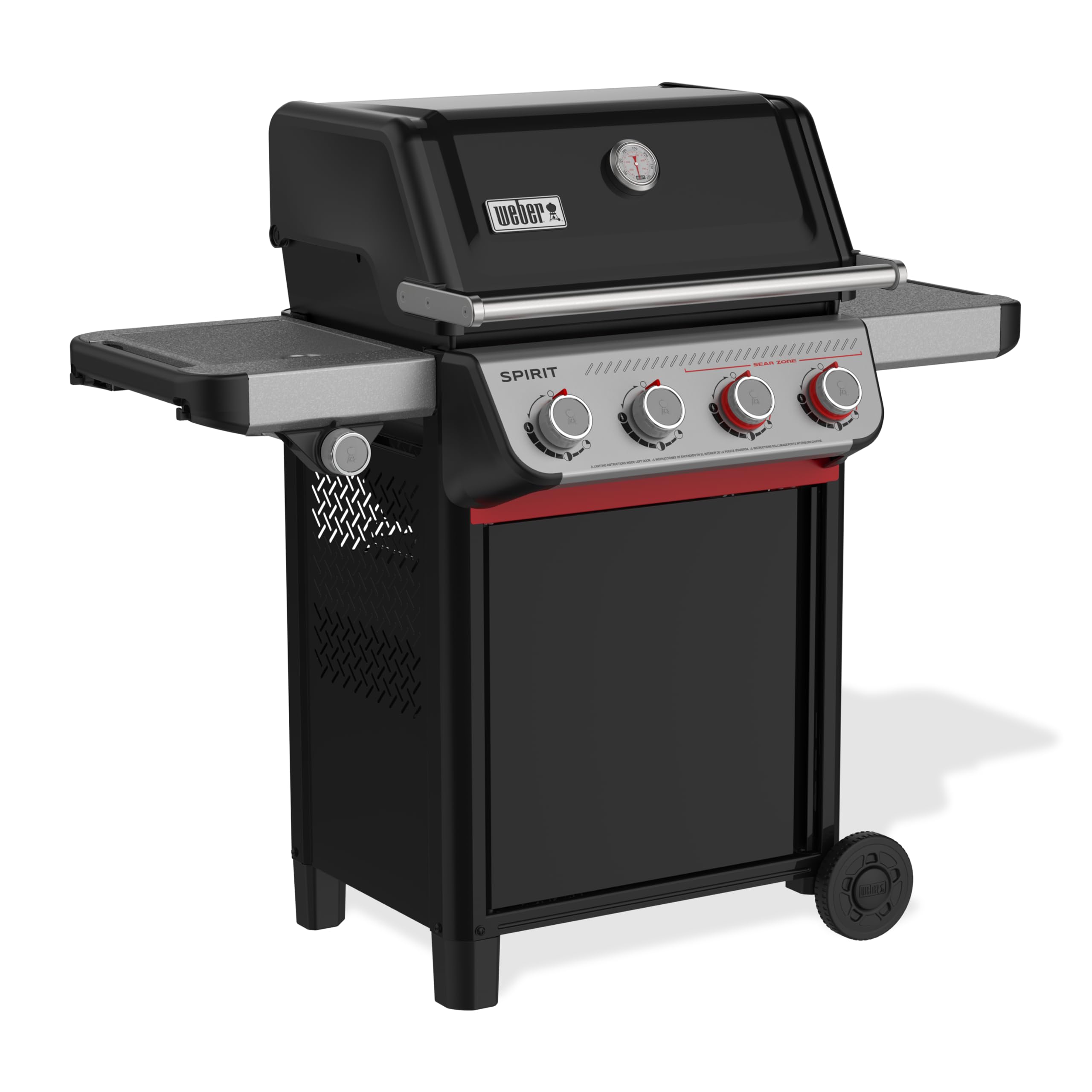 Weber Spirit E-435 Barbecue a gas con propano liquido per cucinare all'aperto, 4 fuochi e 1 bruciatore laterale, nero – Griglie in ghisa smaltata in porcellana, 2 bruciatori Boost, zona Sear